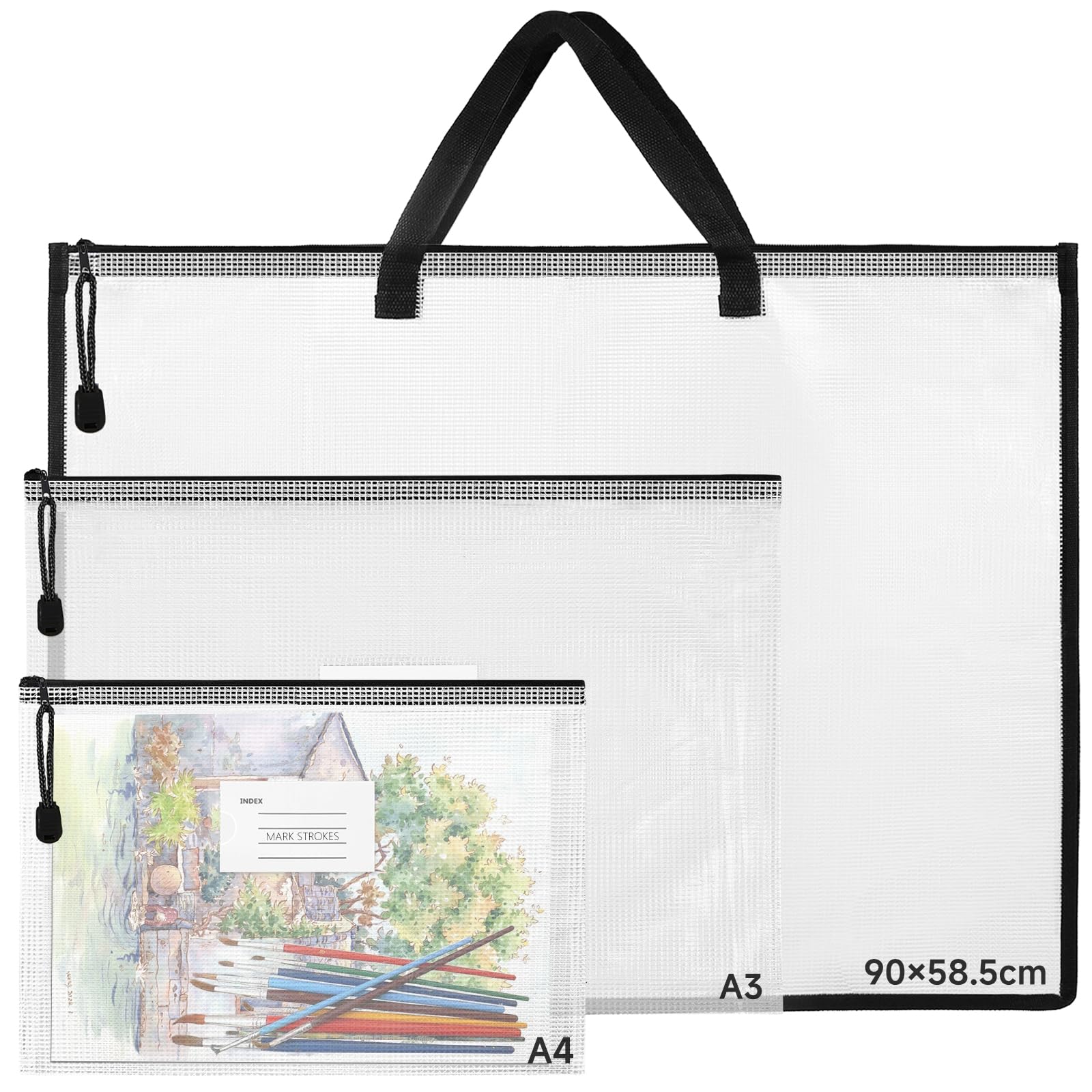 3 Pcs Art Folder, 35.43 x 23 Inch Waterproof Ultra-Large Capacity A1 Art Storage Bag with A4/A3 Arts Folder Carry Case, Clear Artwork Craft Bag with Handle and Zipper for Posters, Bulletin Boards