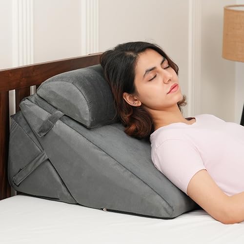 Amazon Basics Adjustable Wedge Pillow with Memory Foam & Head Rest | Multi-Purpose Back & Leg Support Cushion for Bed & Sofa | Soft Removable Washable Cover | Durable Design - Grey (38 x 57 x 53 CM)
