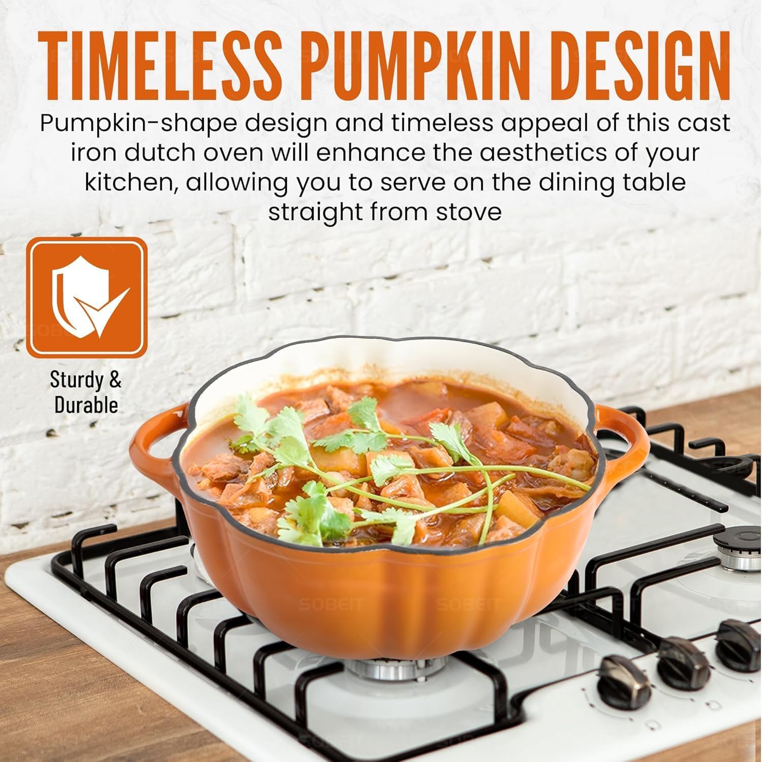 SOBEIT Pumpkin Dutch Oven Pot with Lid, Non-stick Enamel Cast Iron Dutch Oven, 3.5QT Pumpkin Cocotte with Cast Iron Knob, Serves 3-5 (Orange)