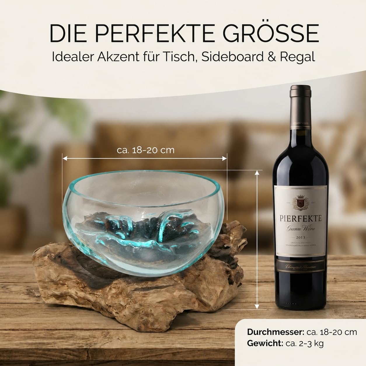 Handgefertigte Deko Glasschale - B-Ware - Unikat Vase auf Wurzelholz - mundgeblasenes Gestaltungselement aus Teakholz - Naturdesign für Tischdeko, Wohnzimmer, Balkon - Ø 18-20 cm Schale L