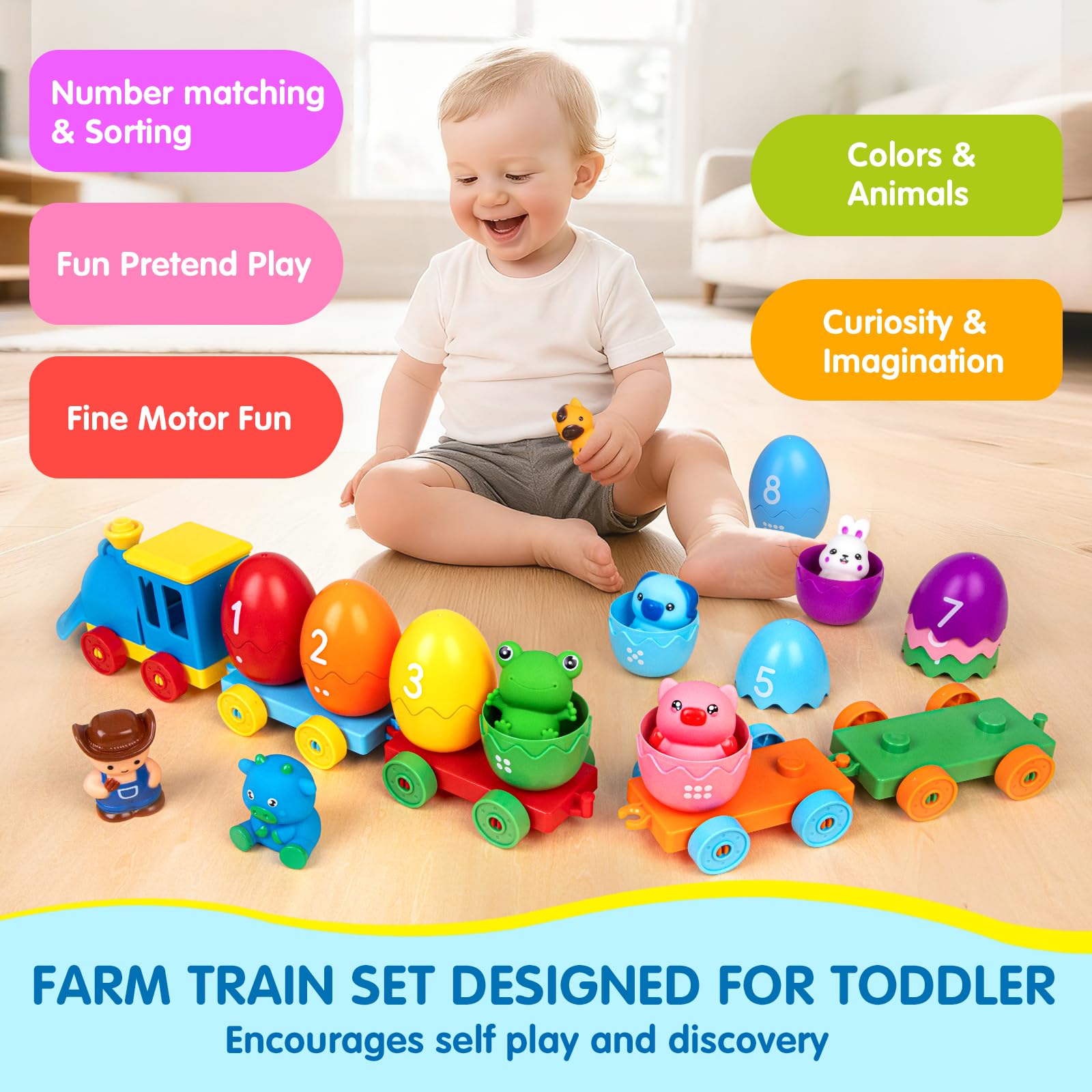Juguetes de aprendizaje para niños pequeños de 1, 2 y 3 años, juego de tren de granja Montessori con 8 animales de granja y 1 marioneta de dedo de granjero, regalo de Navidad, Pascua 6