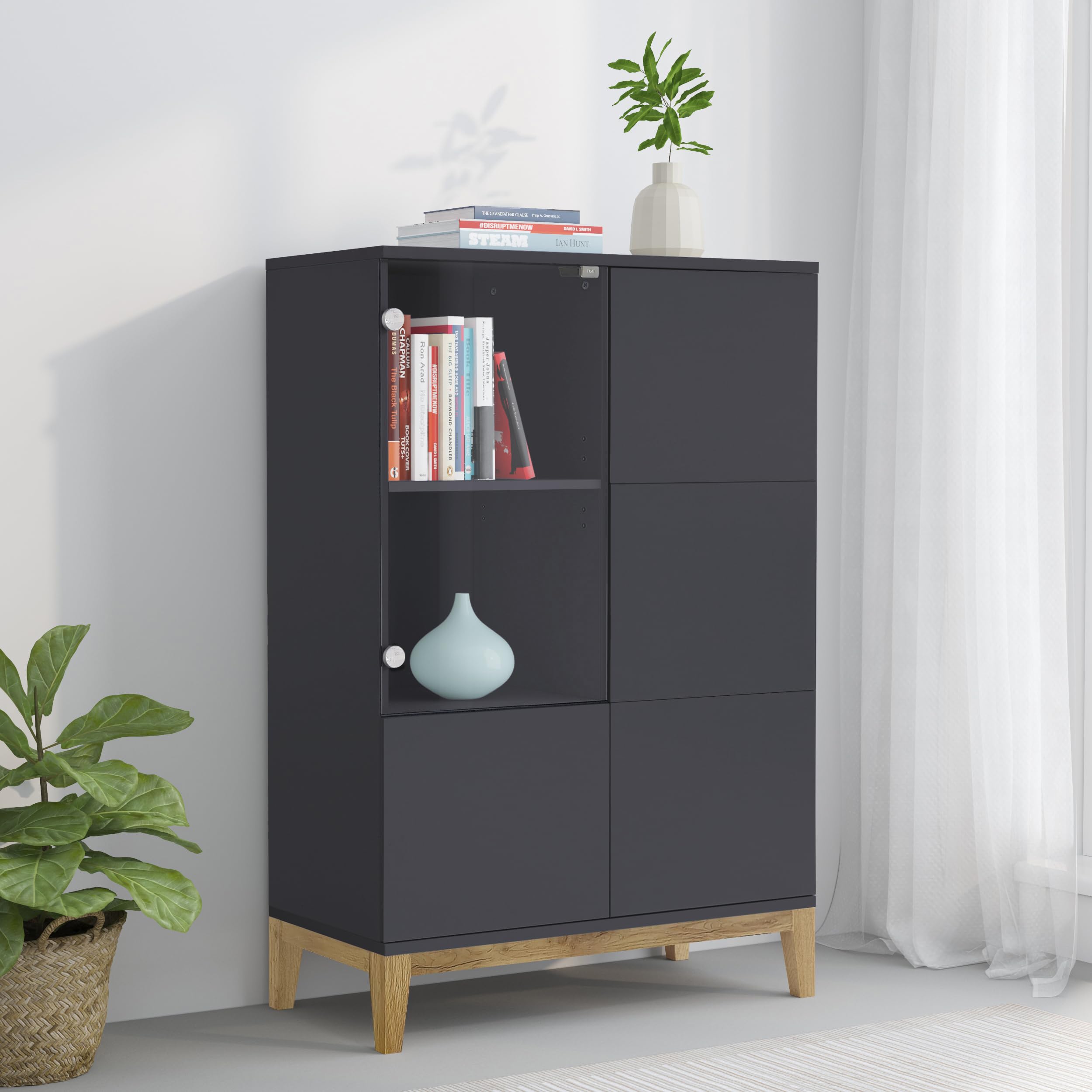 Dorel Pelle Highboard 1 Glass Door And 2 Window Doors In Greywotan Oak - Grey/Wotan Oak