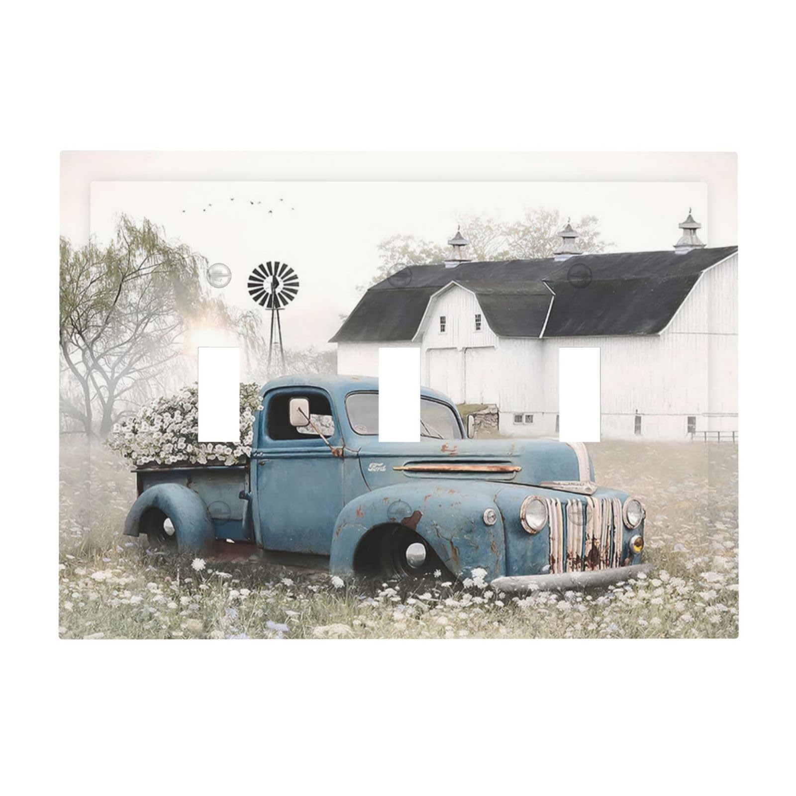 Farmhouse Truck Flowers Barn Old Car And Flowers 3 Gang Wall Plate Decorative Light Switch Plate Cover Triple Toggle Faceplate Electrical Switchplate for Bathroom Kitchen Bedroom Decor