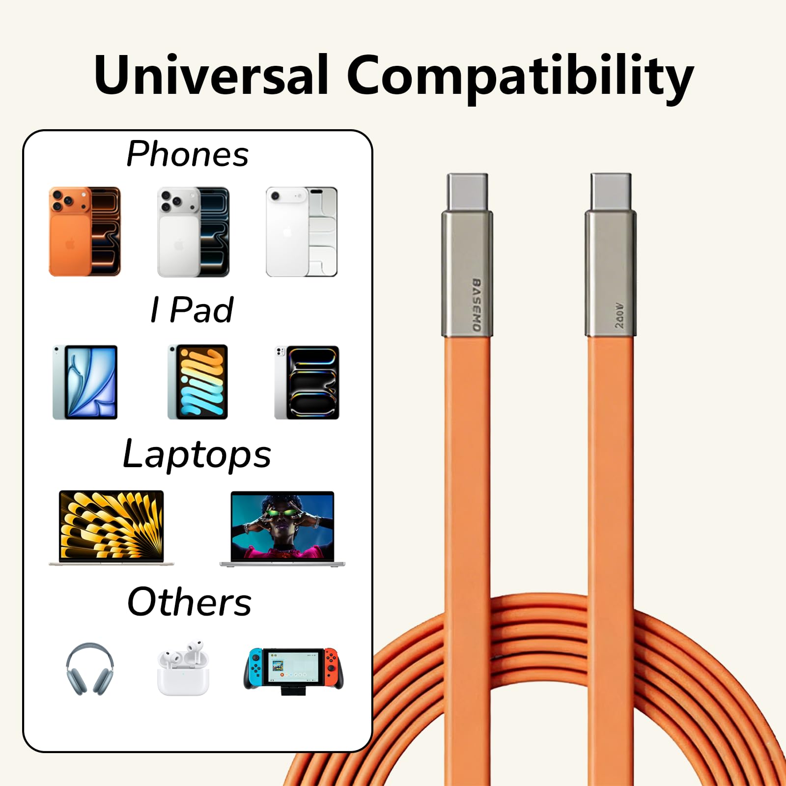 SIDEWAY Phone Charger 240W Silicone Cable with Detachable Stand - Universal Type-C, 90° Angle, 480Mbps Data Transfer Speed(orange) — view 5