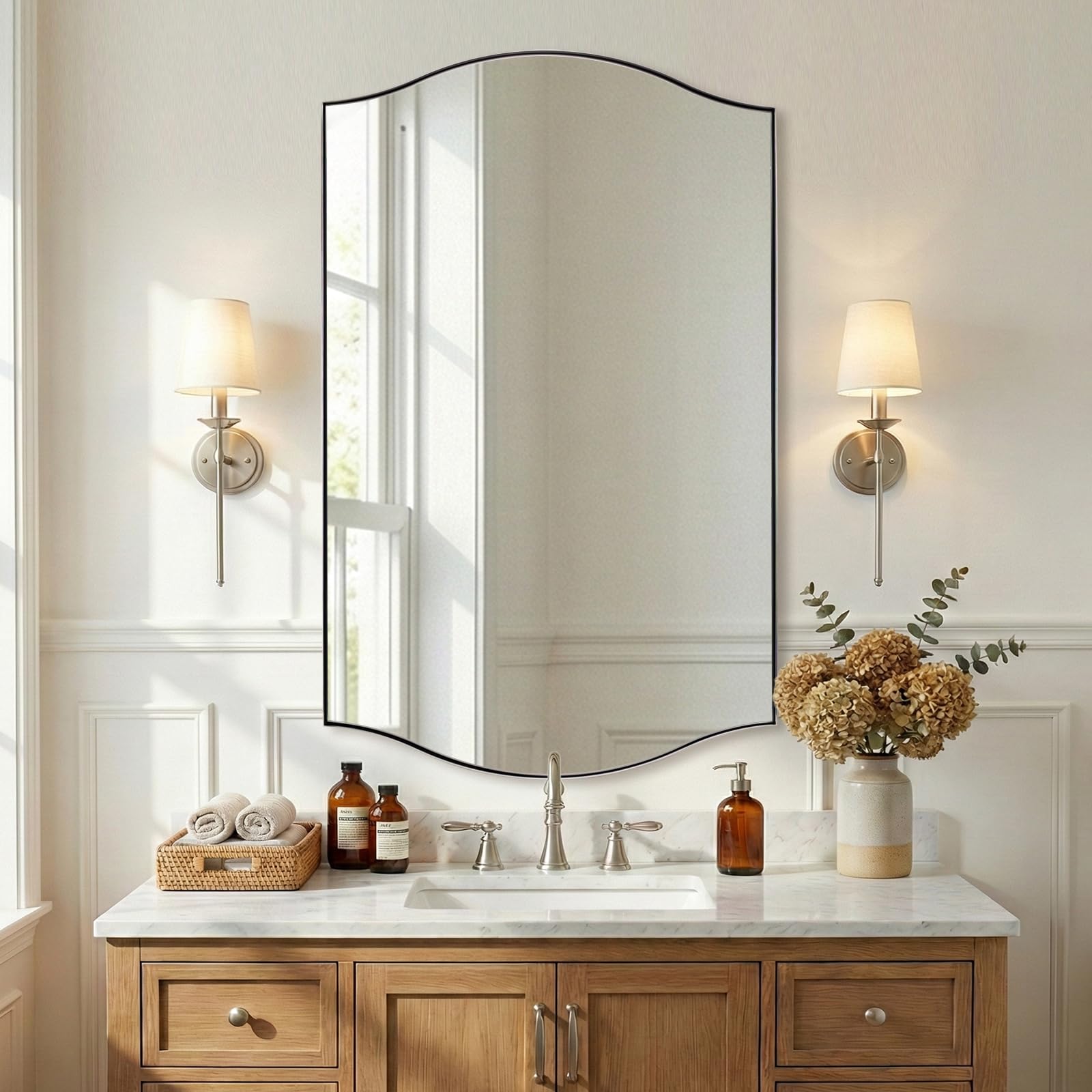 ANDY STAR 30"x48" Scalloped Mirror，Polished Chrome Rectangle Bathroom Mirror with Curved Edge Stainless Steel Metal Frame, Large Wall-Mounted Mirror for Bathroom, Entryway (Horizontal/Vertical)
