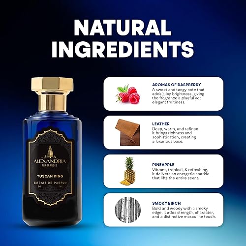 Miniatura 6 de Alexandria Fragrances Perfume Tuscan King  Eau de Parfum de larga duración para hombres y mujeres  Colonia para hombre con frambuesa, cuero, piña y