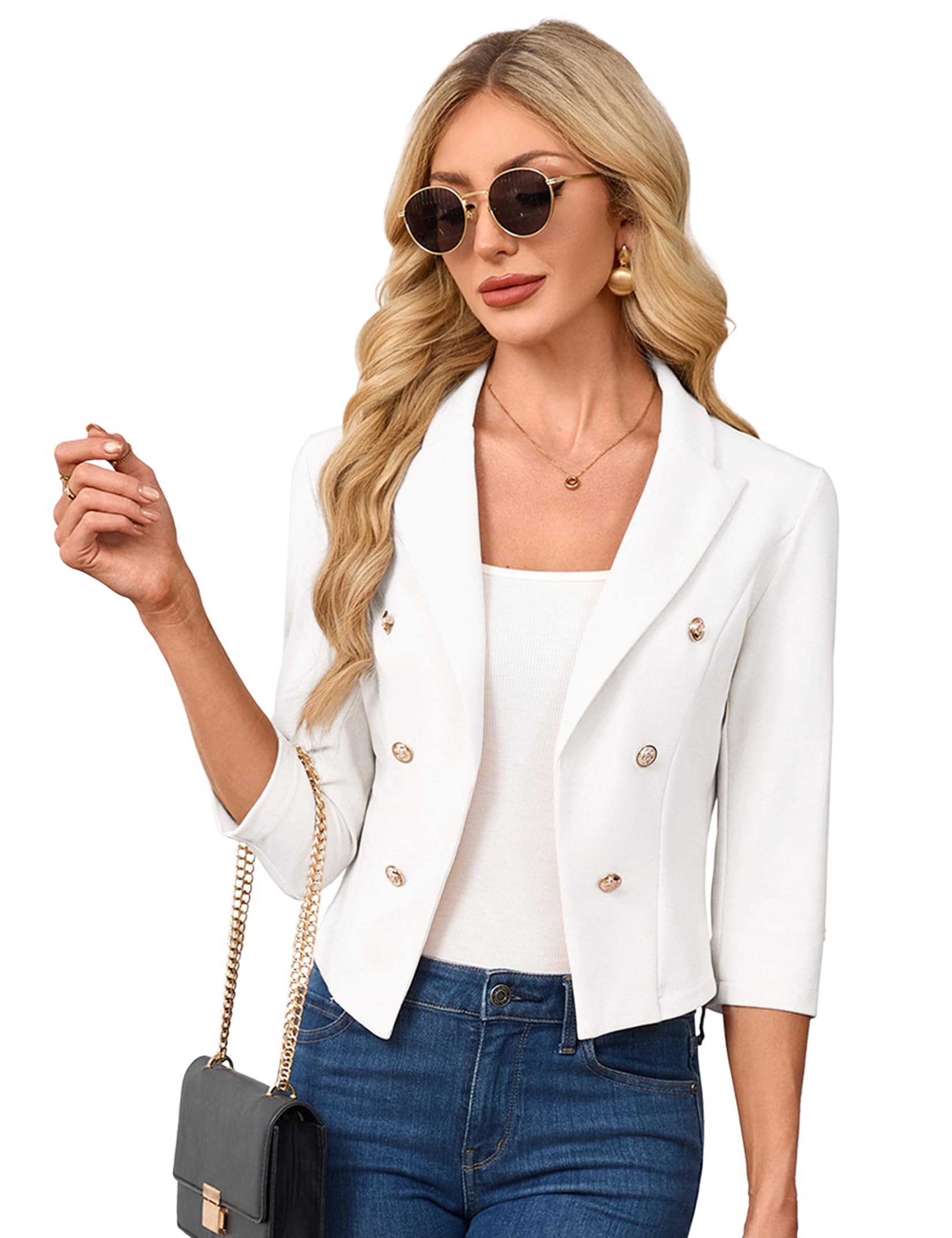Blazer corto da donna, maniche a 3/4, colletto a risvolto, cardigan business bolero aperto frontale (confezione multipla)