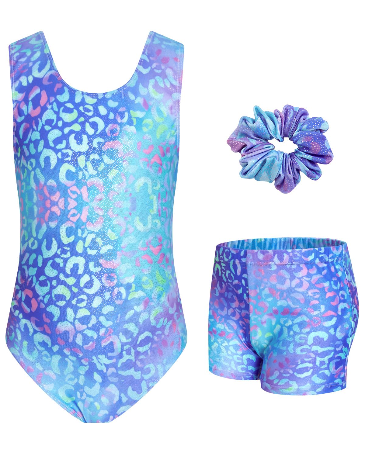 JiAmy Gymnastikanzug Mädchen, Turnanzug Kinder mit Hose Haarband Set, Glänzendes Gymnastik Turnanzug Leotard für 11-12 Jahre