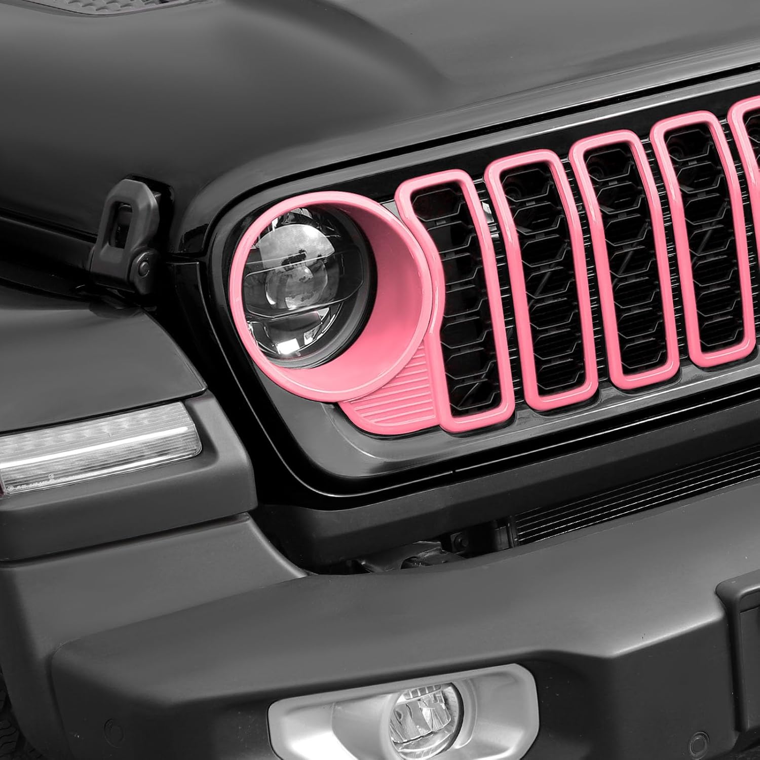 Front Grill Insert+Headlight Turn Light Cover Compatible with 2024-2026+ Jeep Wrangler JL JLU & Gladiator JT Exterior Accessories,Not Fit for JL Sport & Sports (Pink)