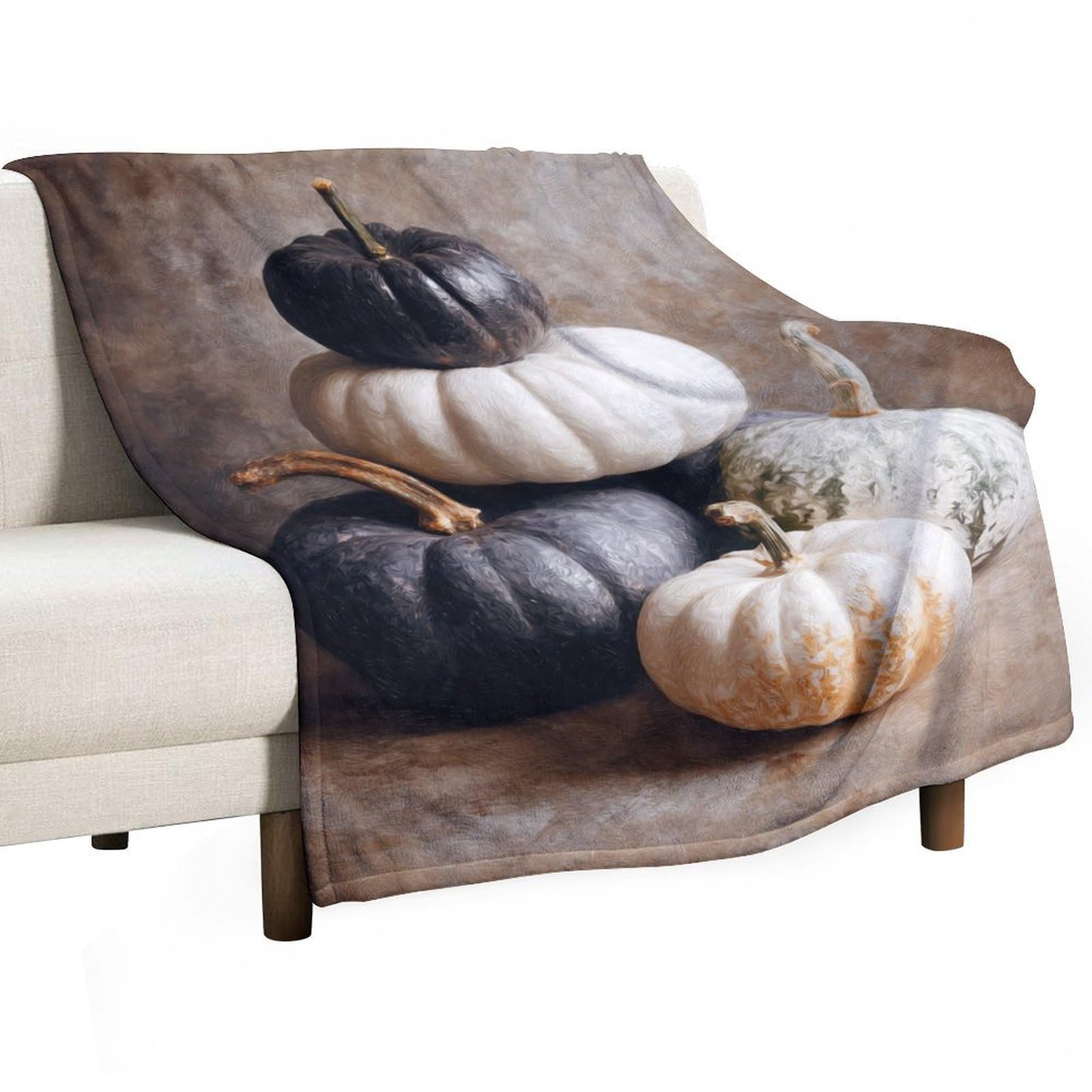 Couverture citrouilles blanches et noires pour lit et canapé rustique 127x152cm