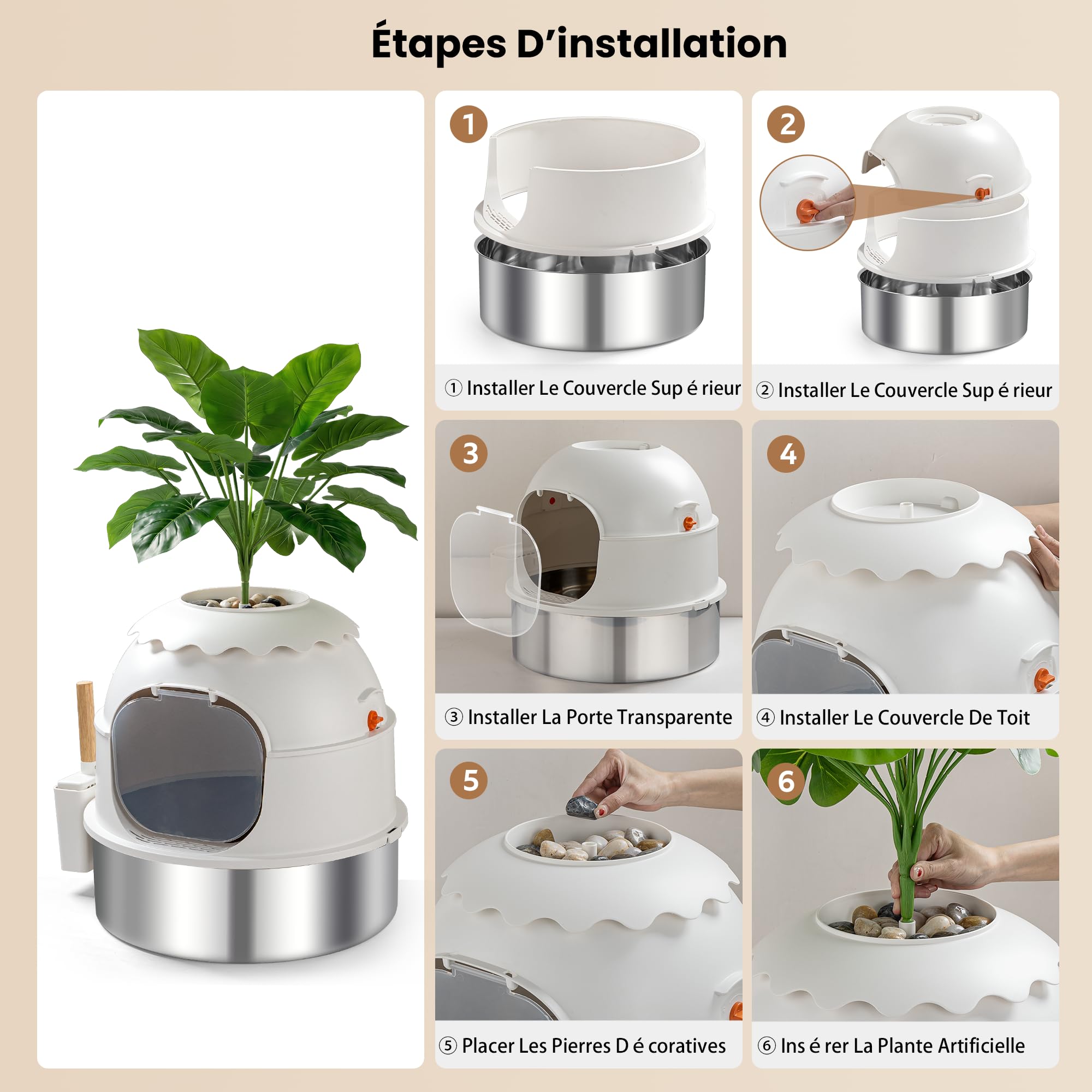 Bac à litière pour chat, Litière Plante en Acier Inoxydable avec Décoration de Plante, Enceinte avec Porte Claire, Inclut Pelle et Tapis à Litière, Contrôle des Odeurs Blanc