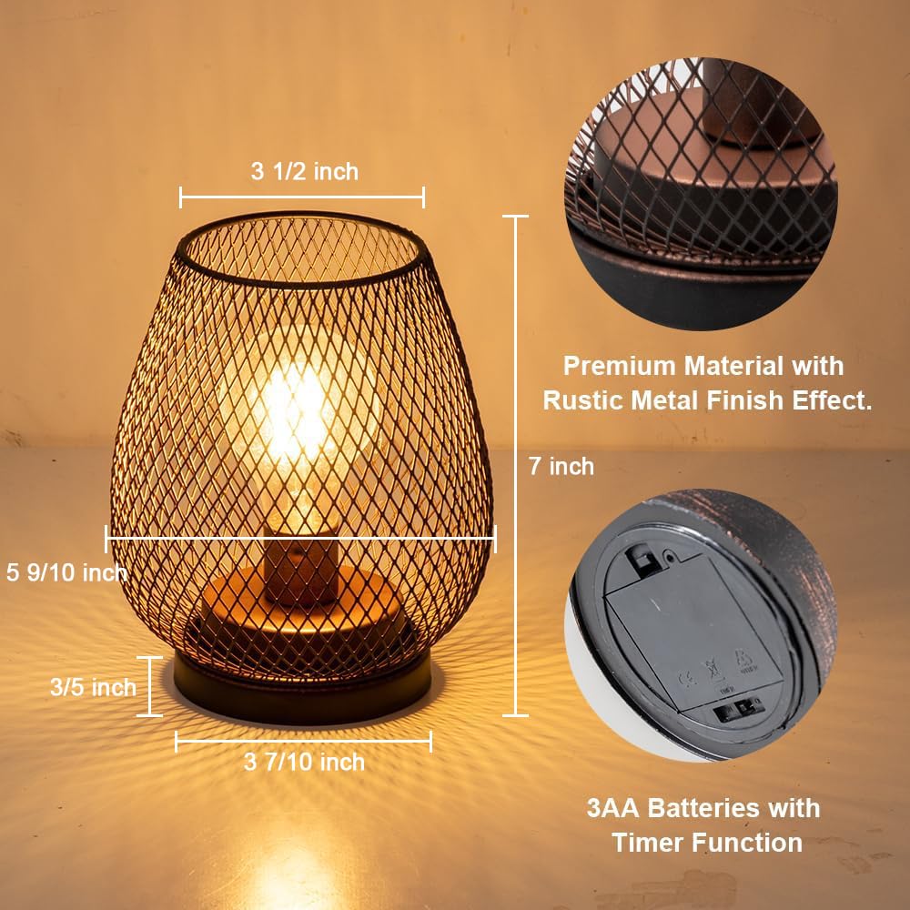 DECORKEY Set Di 2 Lanterne Da Tavolo A LED Vintage A Gabbia Metallica - Batteria, Timer, Luce Calda, Per Esterni E Interni