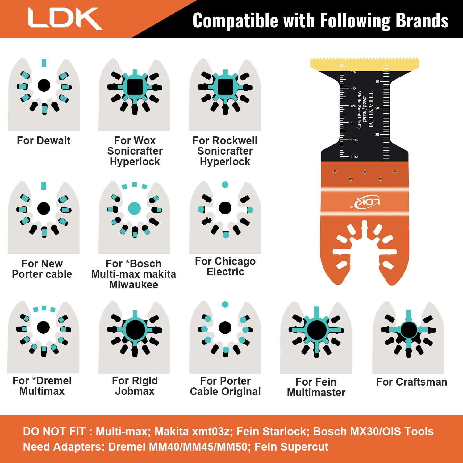 LDK 16 cuchillas oscilantes de titanio, cuchillas multiherramienta universales profesionales para madera, plásticos, pernos de clavos de metal, kits de cuchillas multiherramienta de liberación rápida