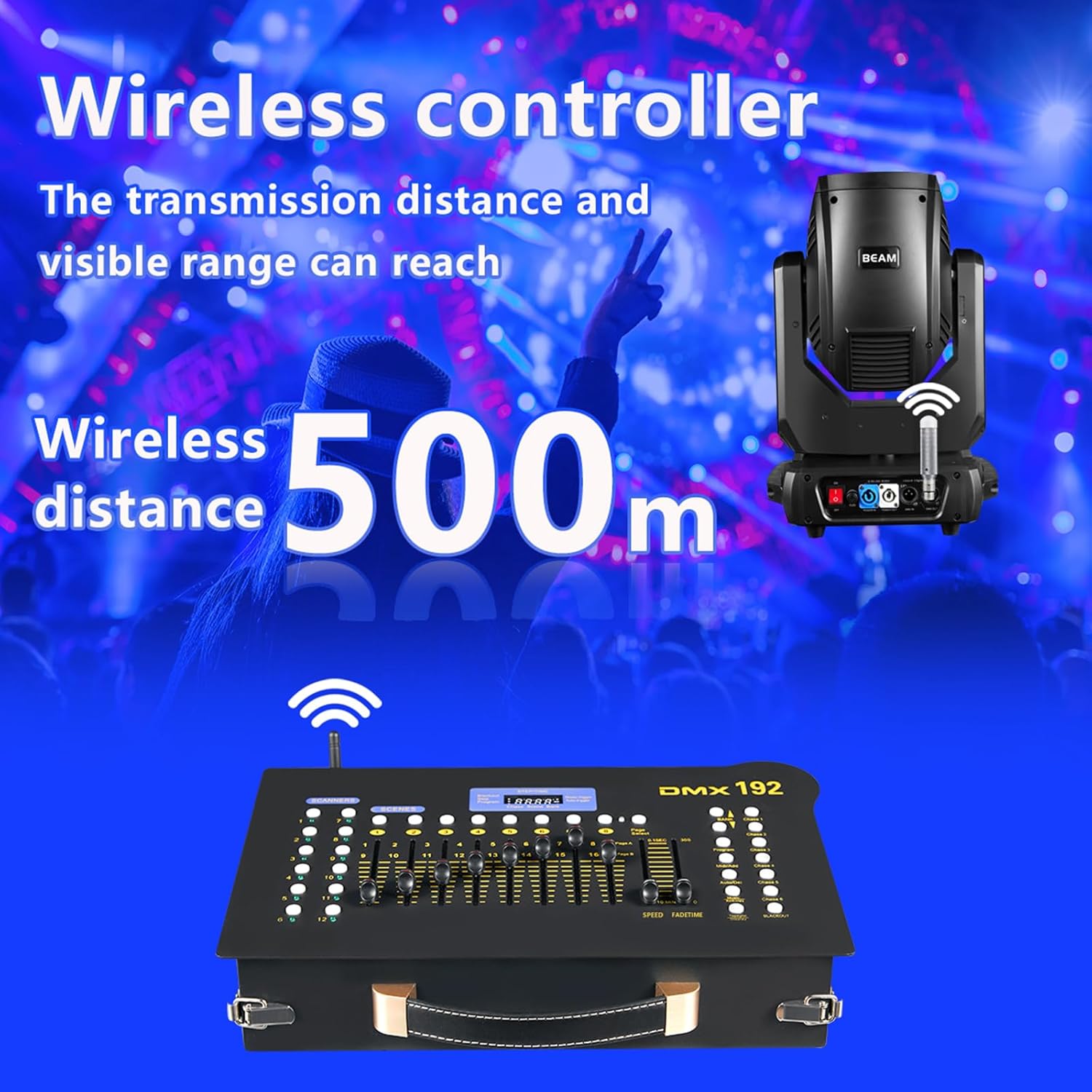 DMX512 Controller Stage DJ Light Console Lighting Mixer Board Console Wireless DMX Transmitter Receivers Set 192 Channels for Party DJ Disco Lights Show Night DJs KTV Bars Moving Heads