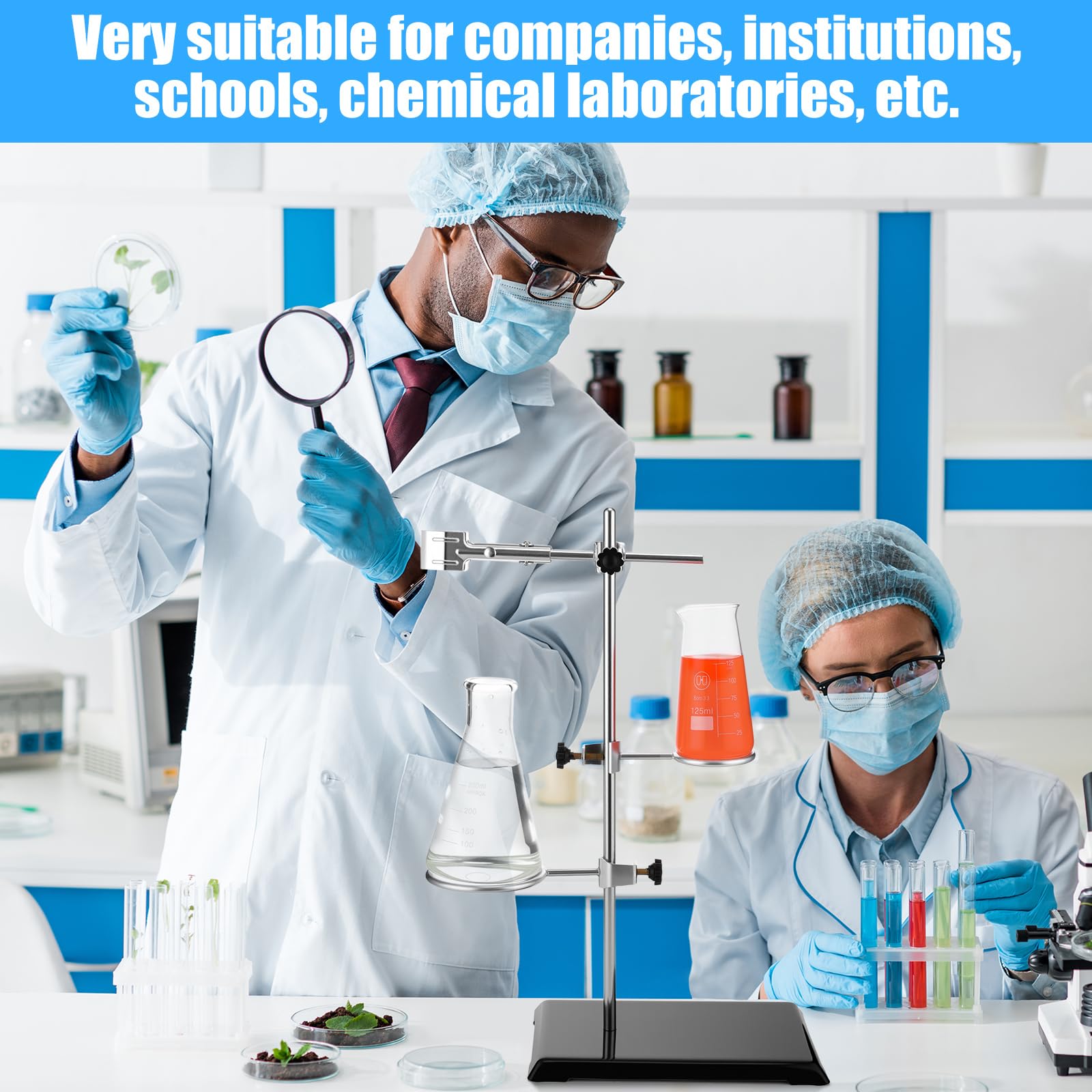 Set di 2 supporti da laboratorio di chimica, in acciaio con base in ghisa, asta da laboratorio da 16 con morsetto per buretta, morsetti per anelli per fiaschetta, per insegnanti strumenti