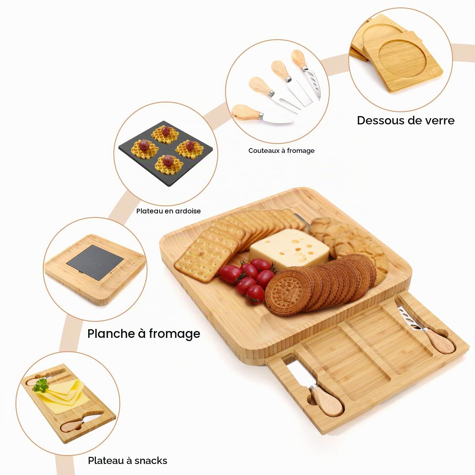 Todeco Planche à Fromage en Bambou avec Couteaux, Plateau à Fromage | Avec 4 couteaux à fromage, 4 dessous de verre, plateau en ardoise amovible, tiroirs coulissants, pour fromages et apéritifs