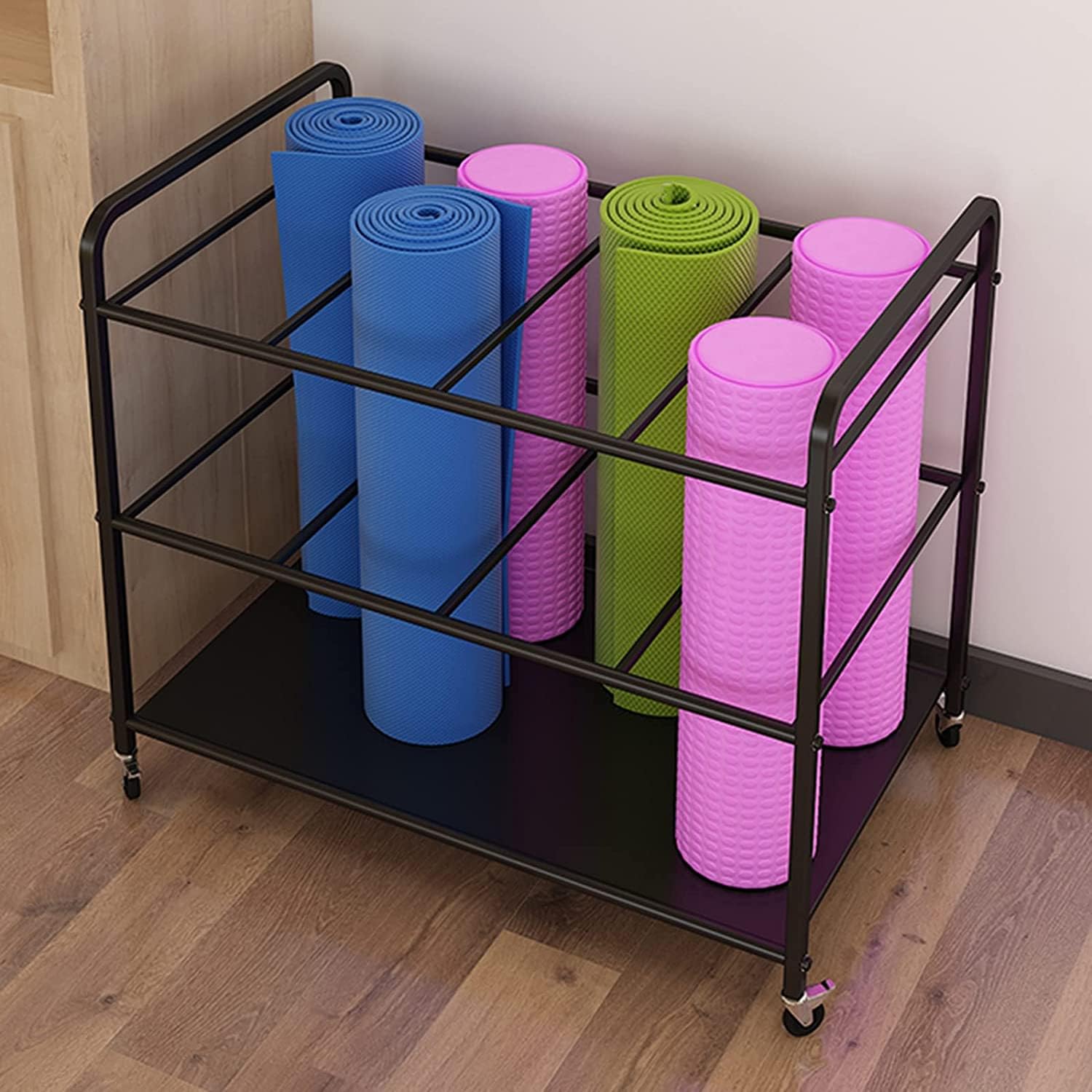 Chariot de rangement pour tapis de yoga à 2 roues verrouillables pour studio
