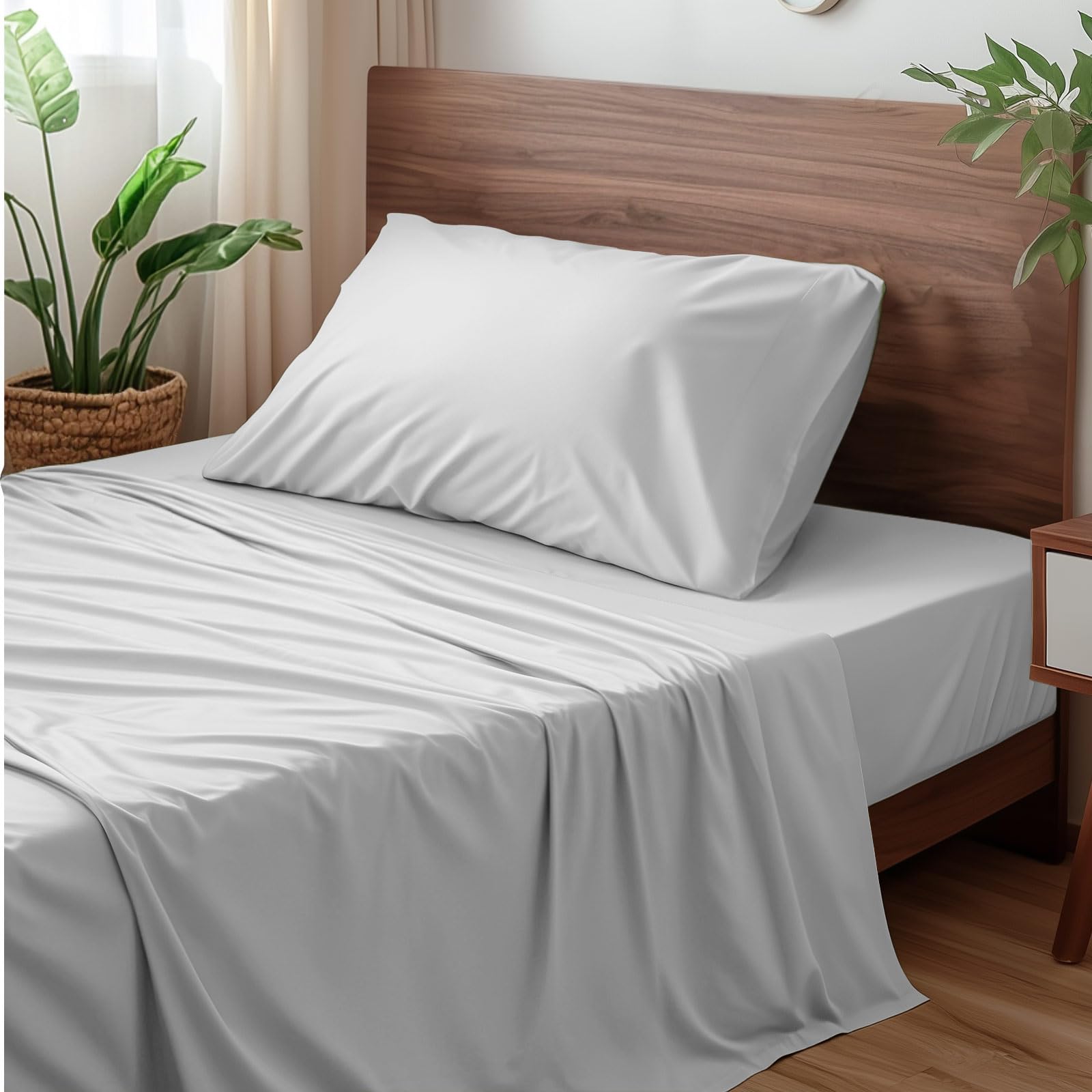 Viscose Derived from Bamboo, Soft Cooling Bedding with Silky Smooth Finish,16" Deep Pocket, Hypoallergenic, Breathable, 3 Piece Twin XL Luxury Hotel Silver Gray Bed Sheet Set, Oeko-Tex Certified