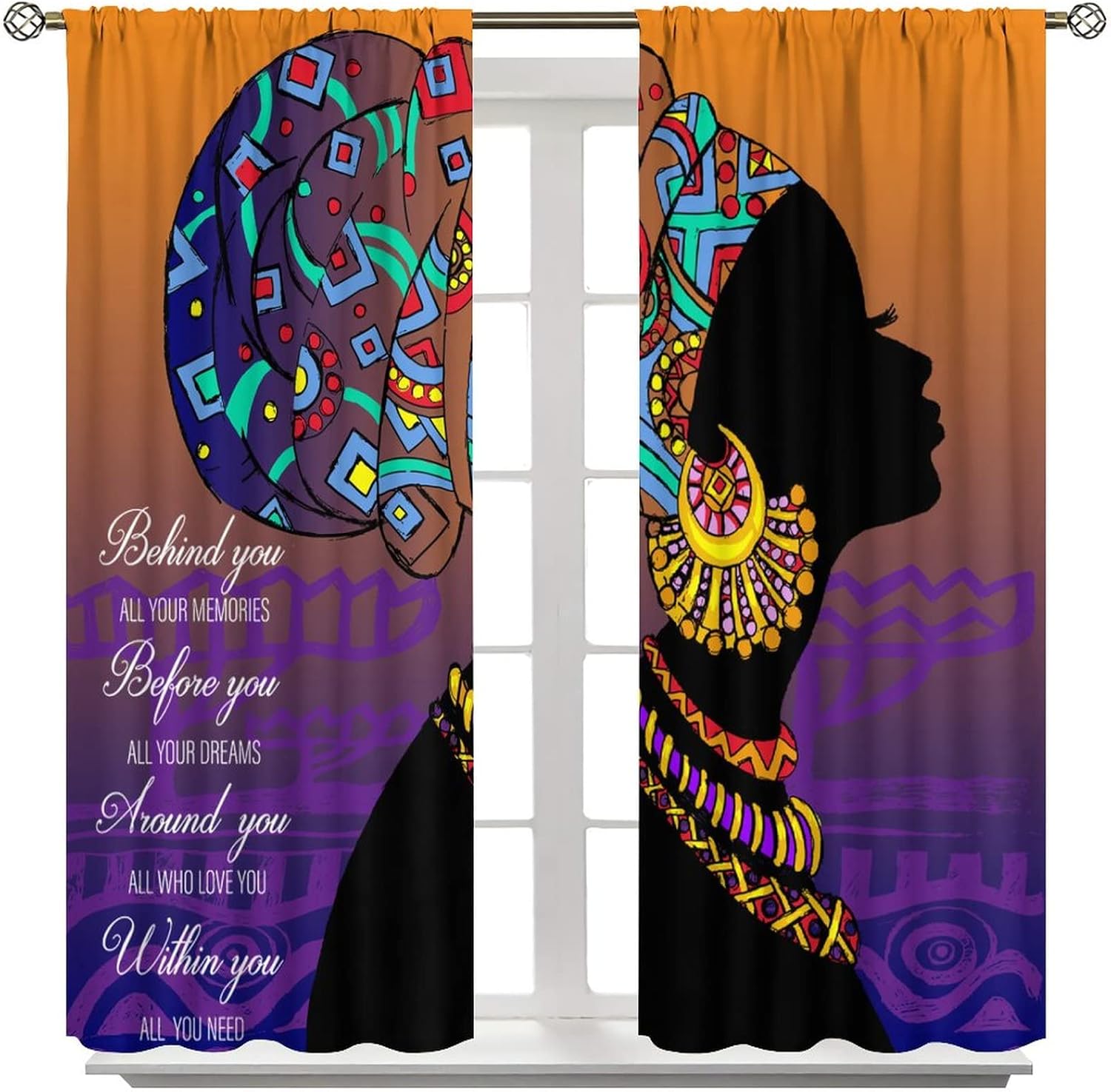 African Woman Curtain Beautiful Side Silhouette Black Woman with Earrings Curtain for Living Room Dining Children's Room Bedroom Blackout Rod Pocket Printed Window Drapes 42x45in