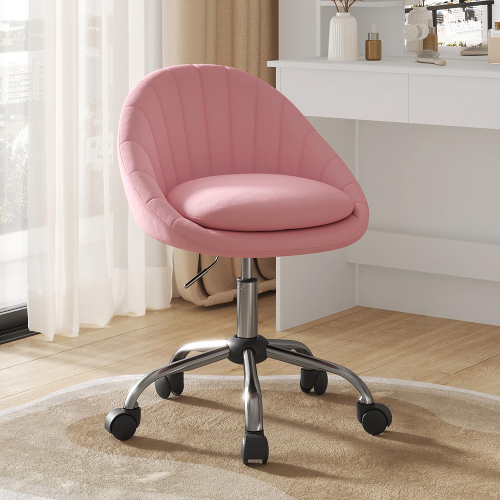 WOLTU Desk Chair, Swivel Office Chair, with Wide Back, Metal Base with Wheels, Velvet, for Office Study and Living Room, Pink, BS167rs