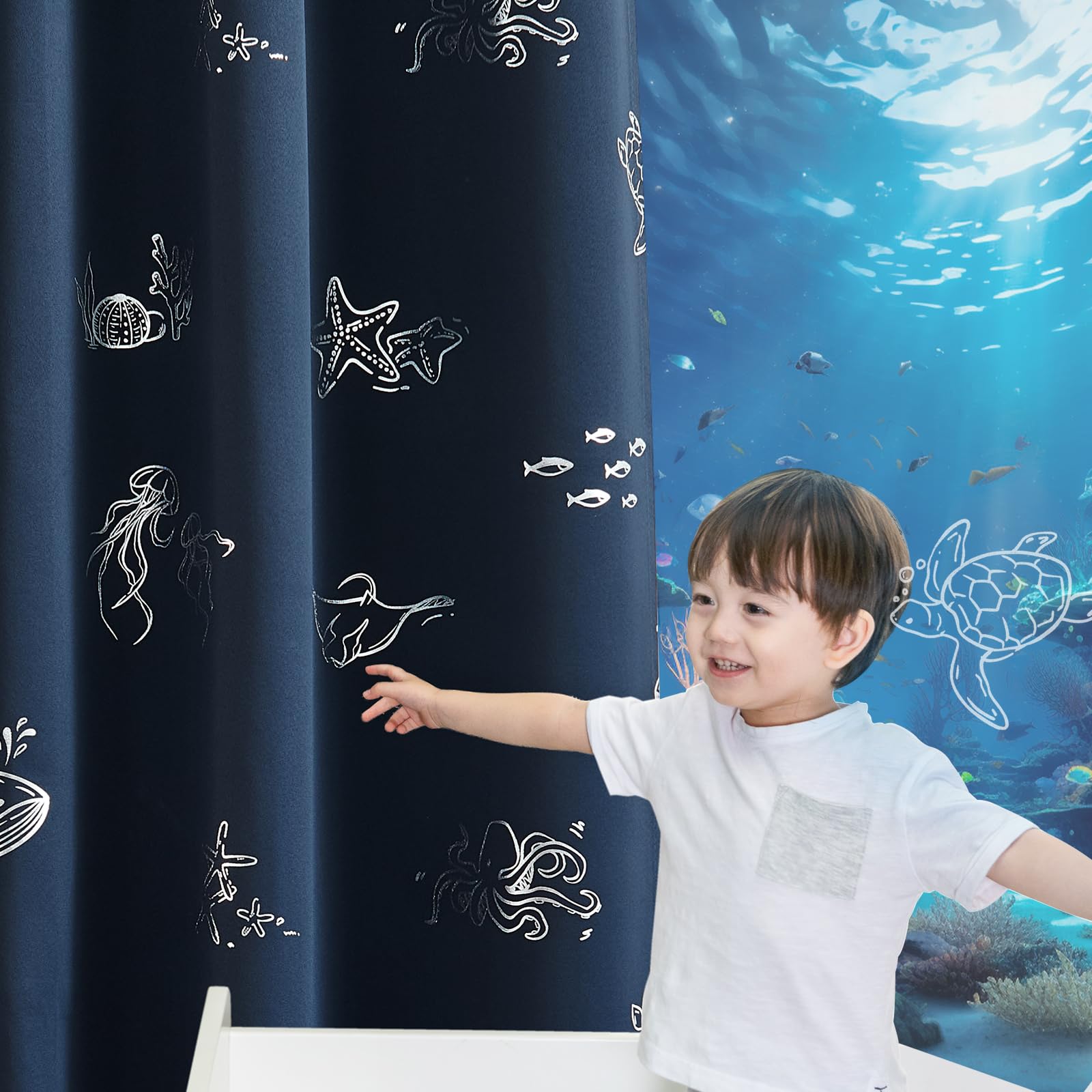 Vangao Kids Curtains for Boys Bedroom Kids Blackout Curtains 63 Inch Length Ocean Aquarium Nursery Drapes for Girls Bedroom Silver Sea Animals Print