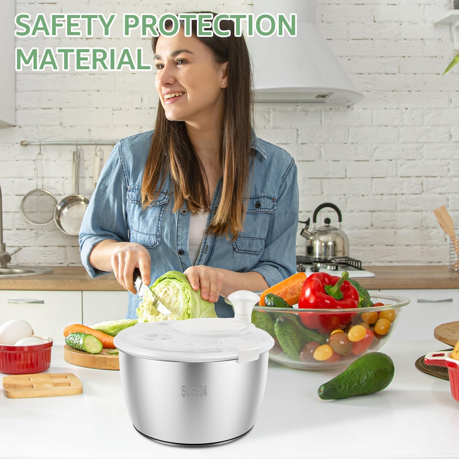 THEGA Secador De Verduras De 5 L, Centrifugadora De Lechuga De Acero Inoxidable 304, Secadora De Lechuga, Centrifugadora De Lechuga Multiusos, Centrifugadora De Ensalada con Orificio De Drenaje