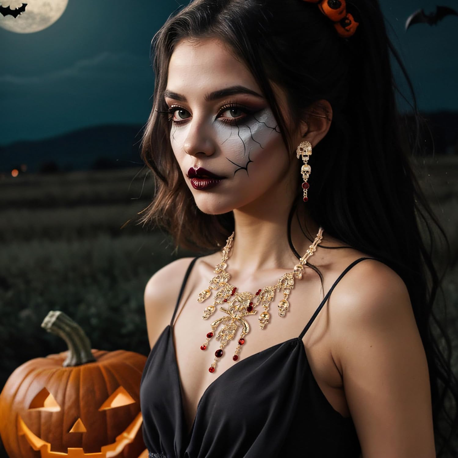 EVER FAITH Halloween Cosplay Jewelry Accessories Austrian Crystal Horror Punk Pirate Skull Bib Collar Necklaces Earrings Set for Women