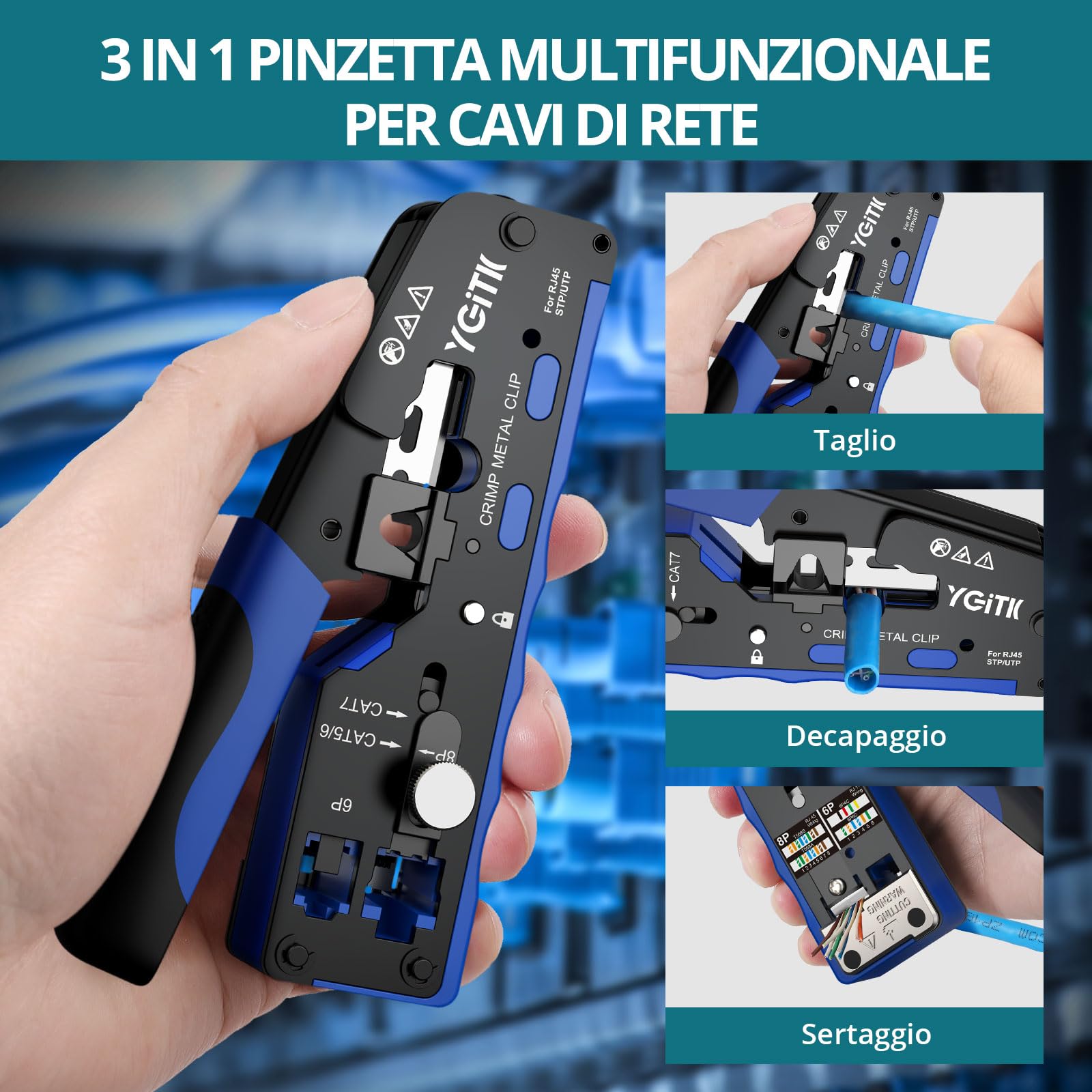 Pinza Crimpatrice RJ45 CAT7 Professionale con 50 Connettori Schermati, Testatore Ricaricabile e Design Foro Passante - Kit Completo per Cavi Ethernet 10Gbps, Scatola Portatile Inclusa