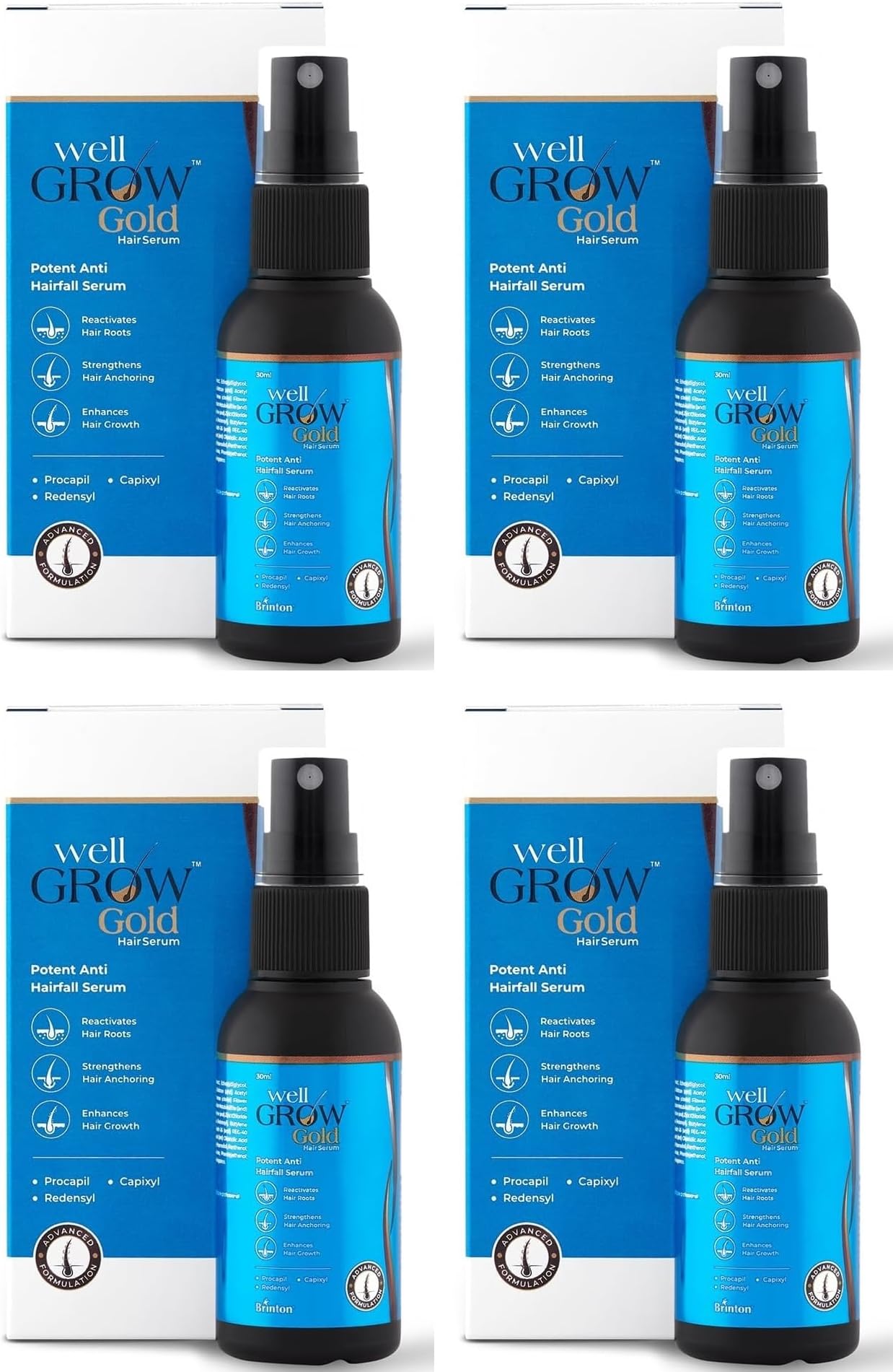 Brinton WellGrow Gold Hair Serum with 3% Redensyl, 5% Capixyl & 2% Procapil | Lightweight, Non-Greasy Formula | Supports Hair Regrowth, Control Hair Fall | For Men & Women | 30 ml (Pack of 4)