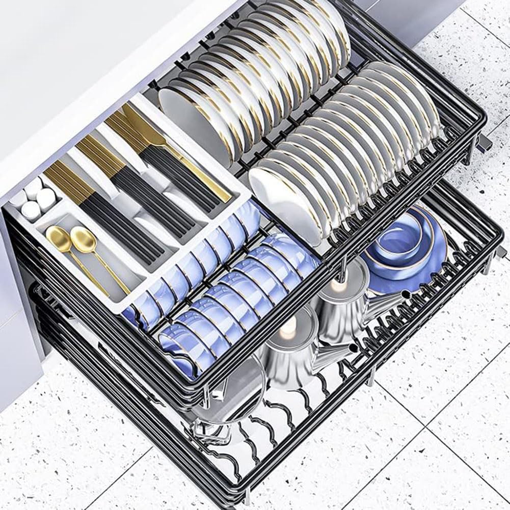 Cajonera extraíble de dos niveles para armarios de cocina, cesta de alambre de acero inoxidable 304 con bandeja de goteo y mecanismo de cierre suave, estante extensible para platos, organizador de