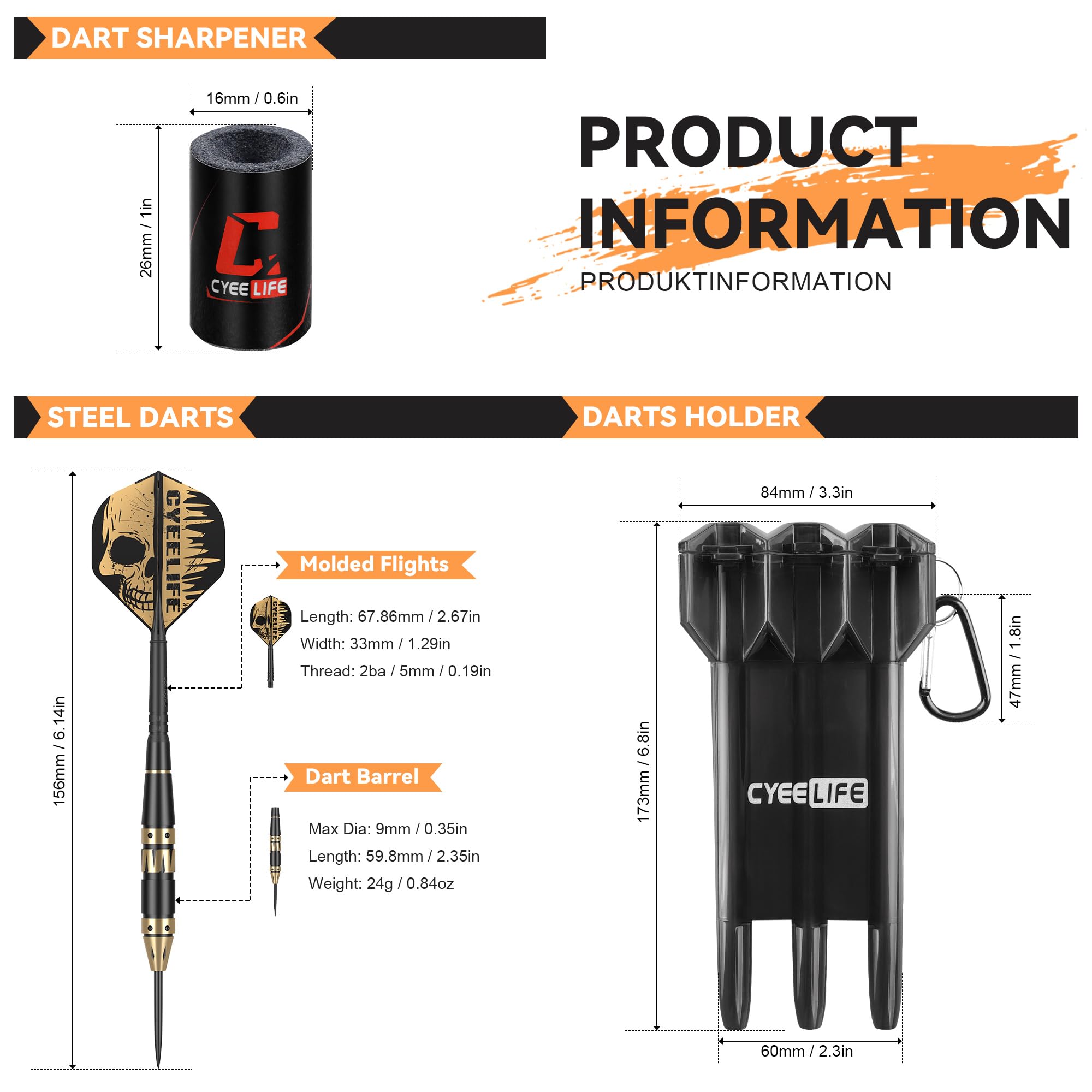 CyeeLife Flechette Pointe Acier 24g Barrels en Laiton Set de fléchettes avec Flights Aiguiseur Coffret