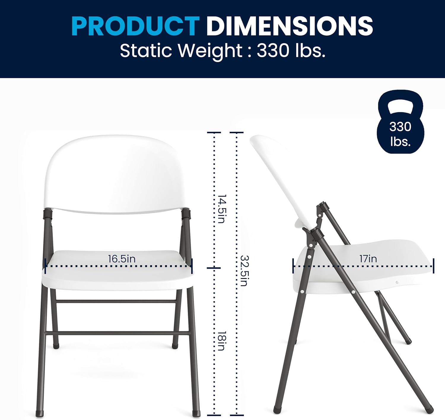 Detailed product dimensions of the Flash Furniture Hercules Series Folding Chair