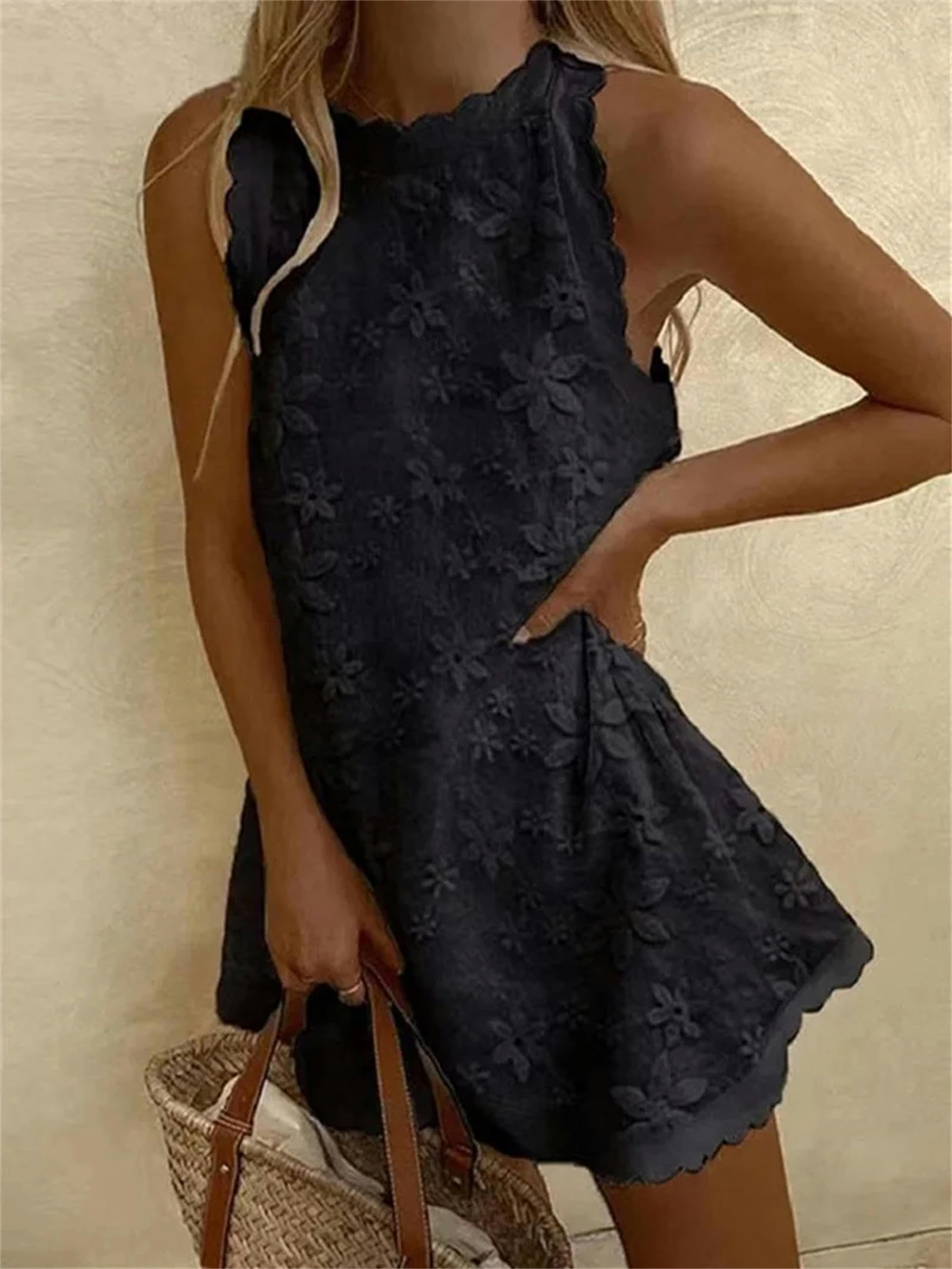 Vestido para Mujer Vestido Sin Mangas para Mujeres Elegante Cuello Redondo Y Suelto Elegante Mini Vestido De Encaje Vestido