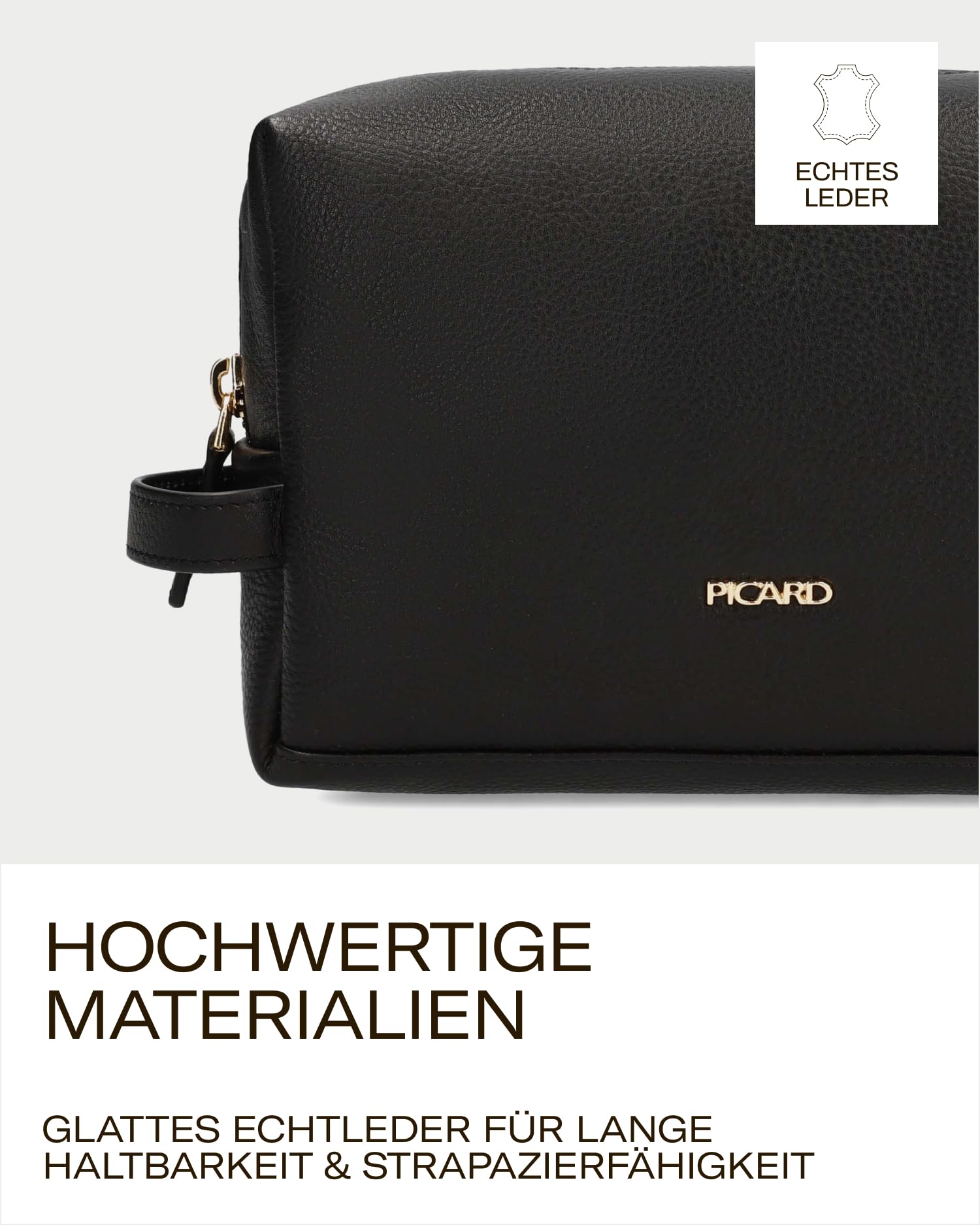 PICARD Kulturbeutel Java R259 Schwarz | Kulturtasche aus hochwertigem Rindsleder | Übersichtliche Organisation durch Steckfächer | Weites Öffnen durch umlaufenden Reißverschluss | Goldende Details