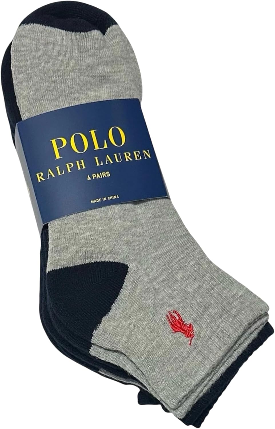 POLO RALPH LAUREN Men's Quarter Low Cut Ankle Casual 4-Pack Socks, Navy Blue, Heather Grey, Red Pony ZP824291PKN, Size 10-13 Shoe, 6-12.5 Polyester, Spandex