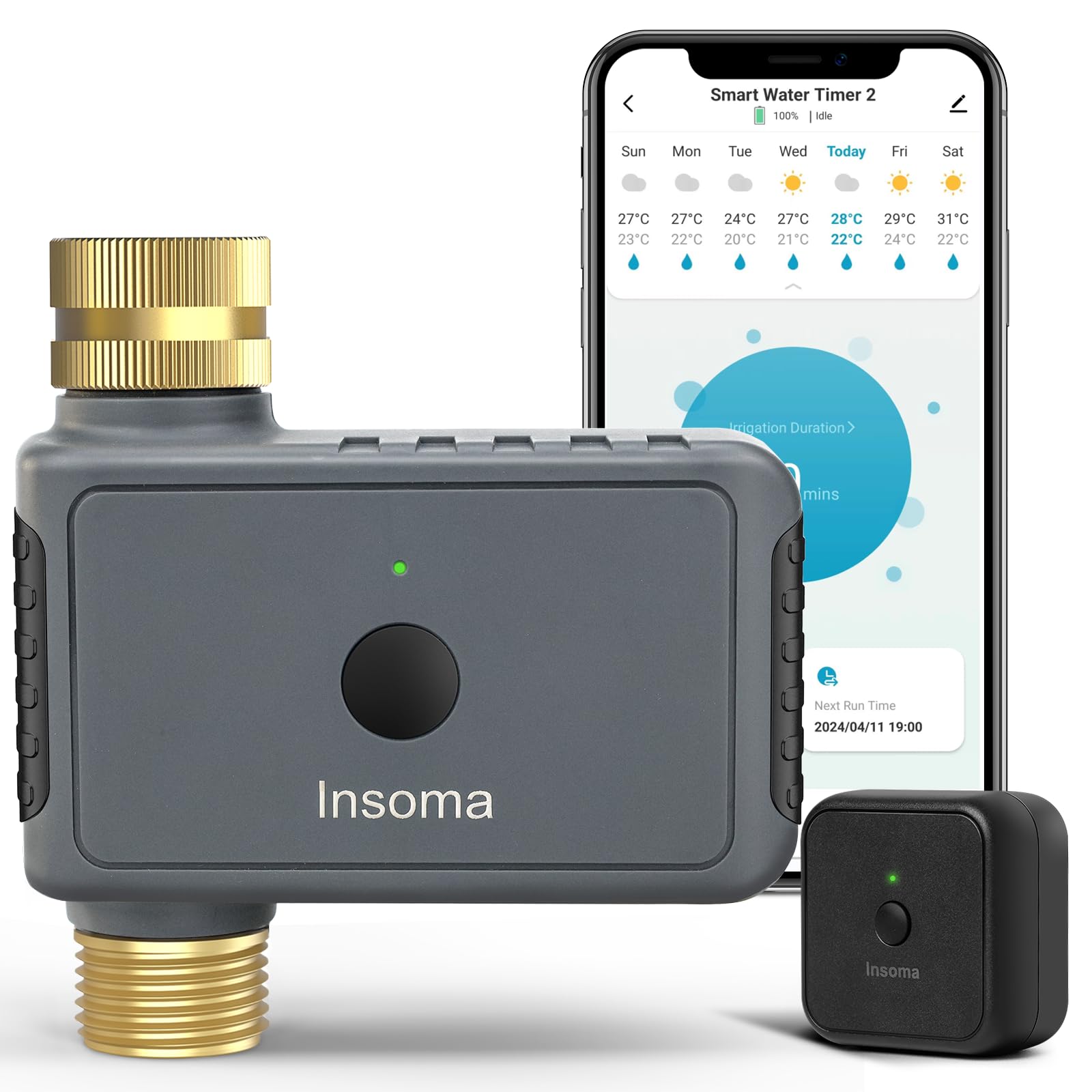 Insoma Timer z wężem WiFi z mosiężnym wejściem i wylotem, inteligentny regulator nawadniania z koncentratorem, regulator nawadniania do węży ogrodowych, sterowanie aplikacją i głosem, kompatybilny z
