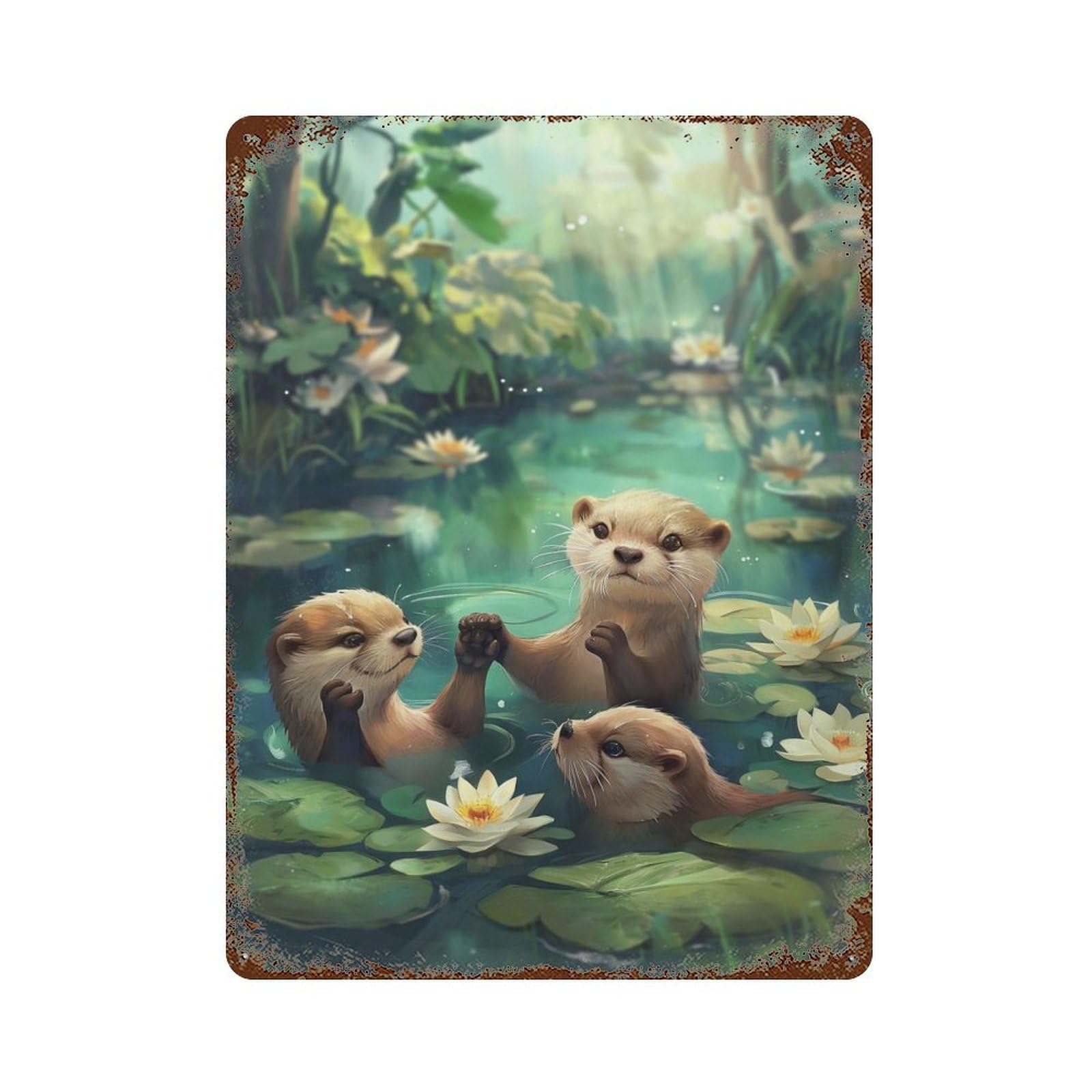 Rust Effect Otter Familys River Joy Vintage Rust Metal Sign 15.7"x11.8", Classic Wall Plaque for Shed, Workshop And Garage Wall Decor