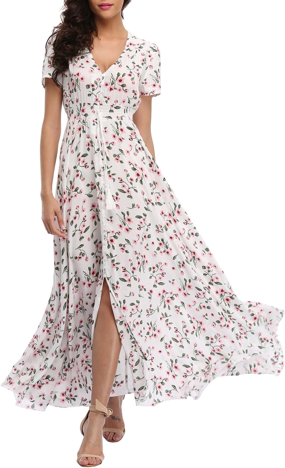 VOGMATE Women's Long Split Button Up Summer Maxi Dress Floral Beachwear Holidy Dress High Waist with Short Sleeves