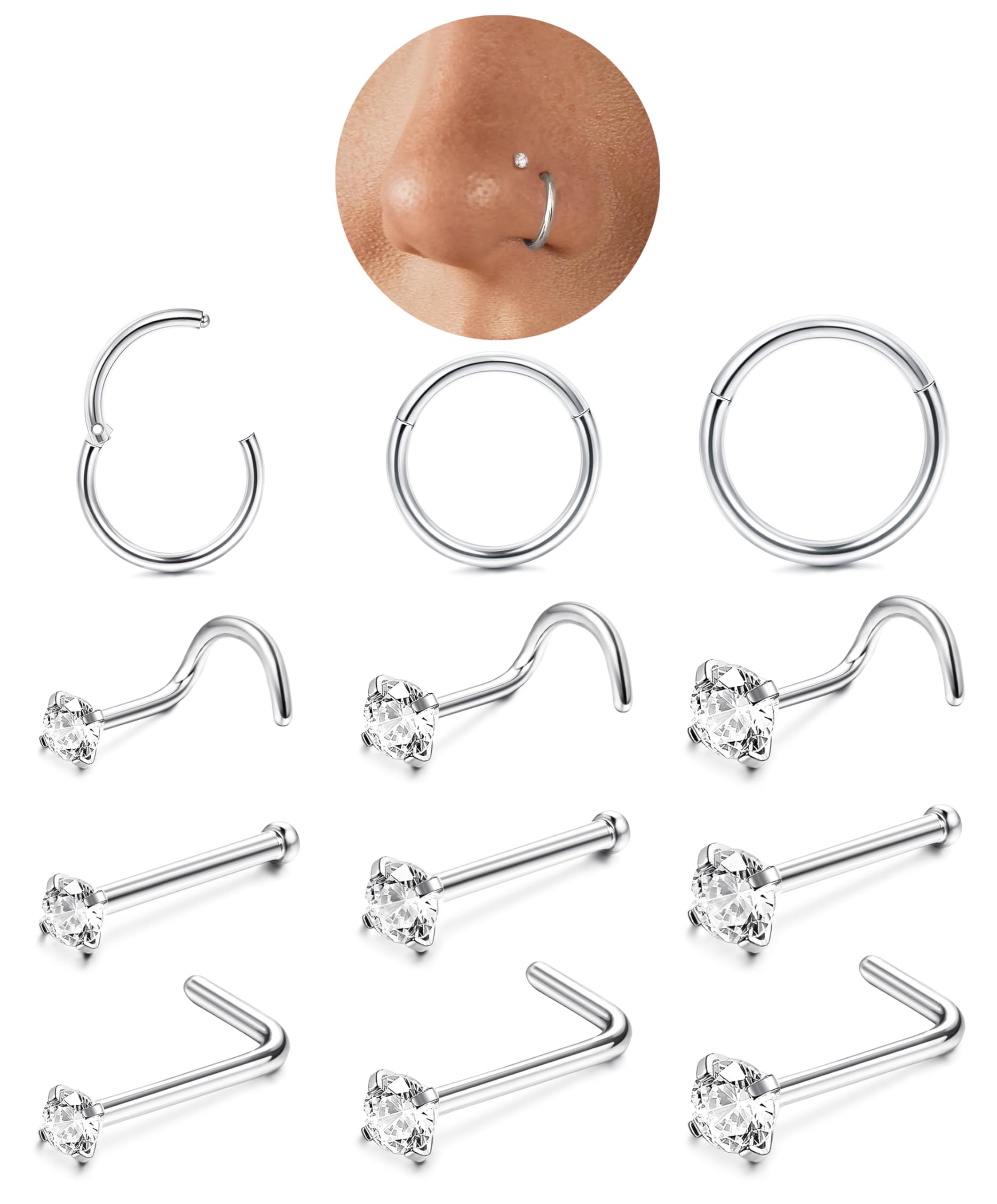 LOLIAS 12Pcs Piercing Nariz Oro Plata Piercing Nariz Acero Quirurgico 6/8/10mm Piercing Nariz Aro Piercing Septum Nostril Pendientes Nariz para Mujer Hombre 18/20G