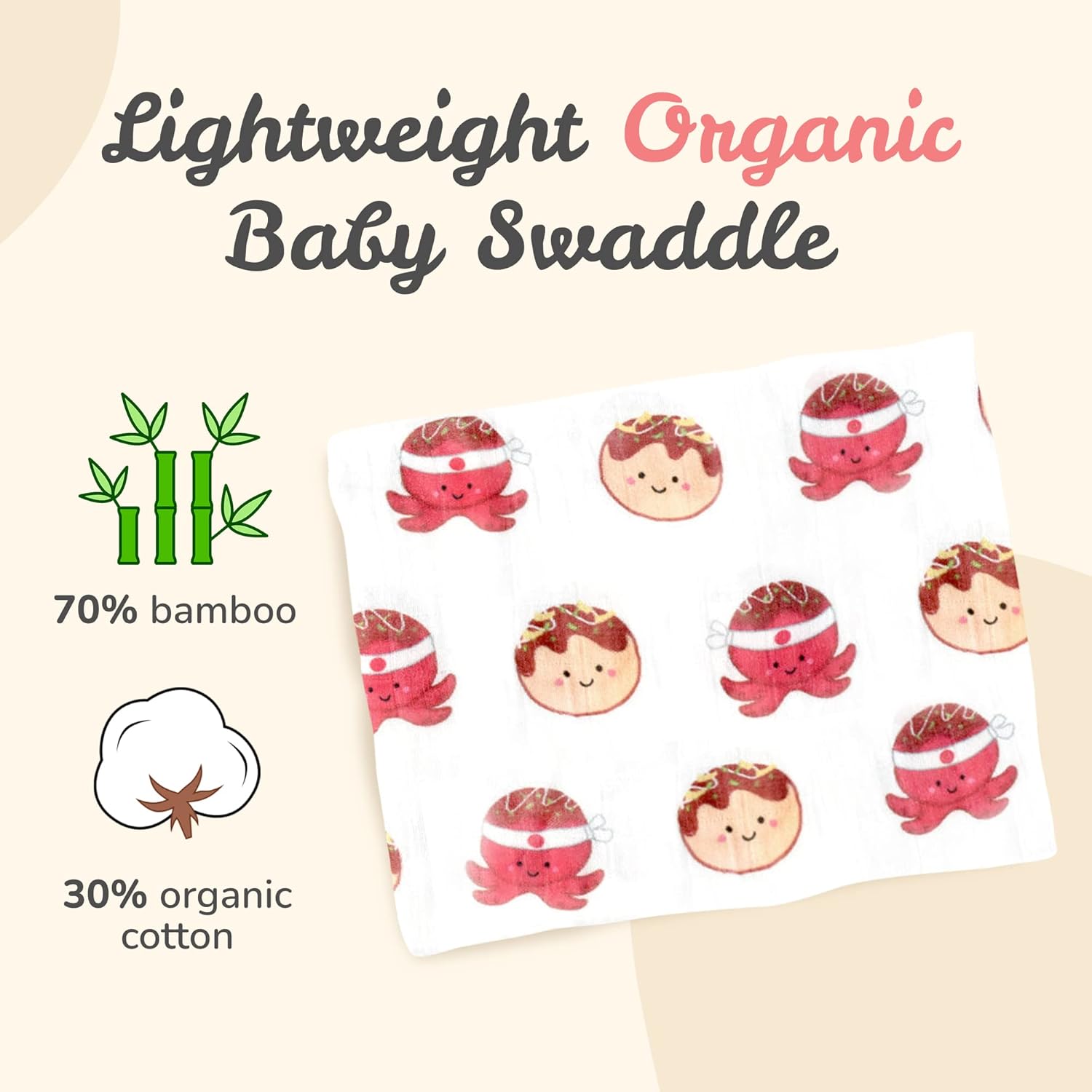 The Wee Bean Organic Cotton and Bamboo Rayon Muslin Swaddle Blankets, Set of X (Takoyaki)