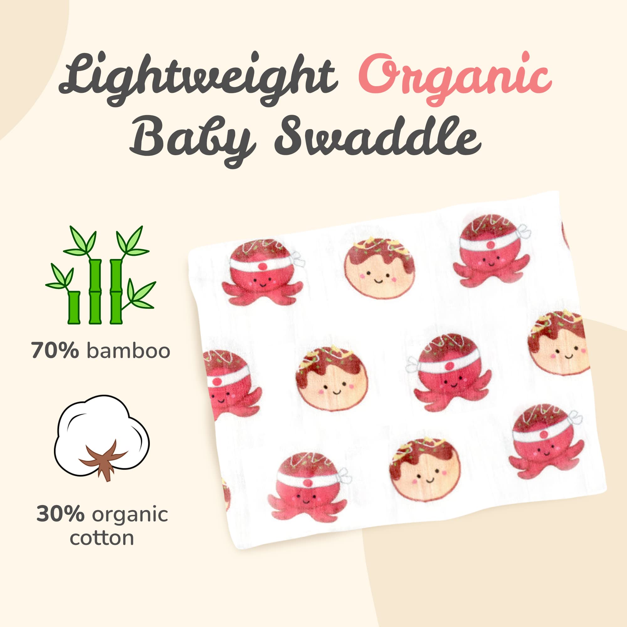 The Wee Bean Baby Swaddle Blanket - 47x47 Inch Muslin Cotton Bamboo Blend (Japan Takoyaki Octopus Print) - View #11