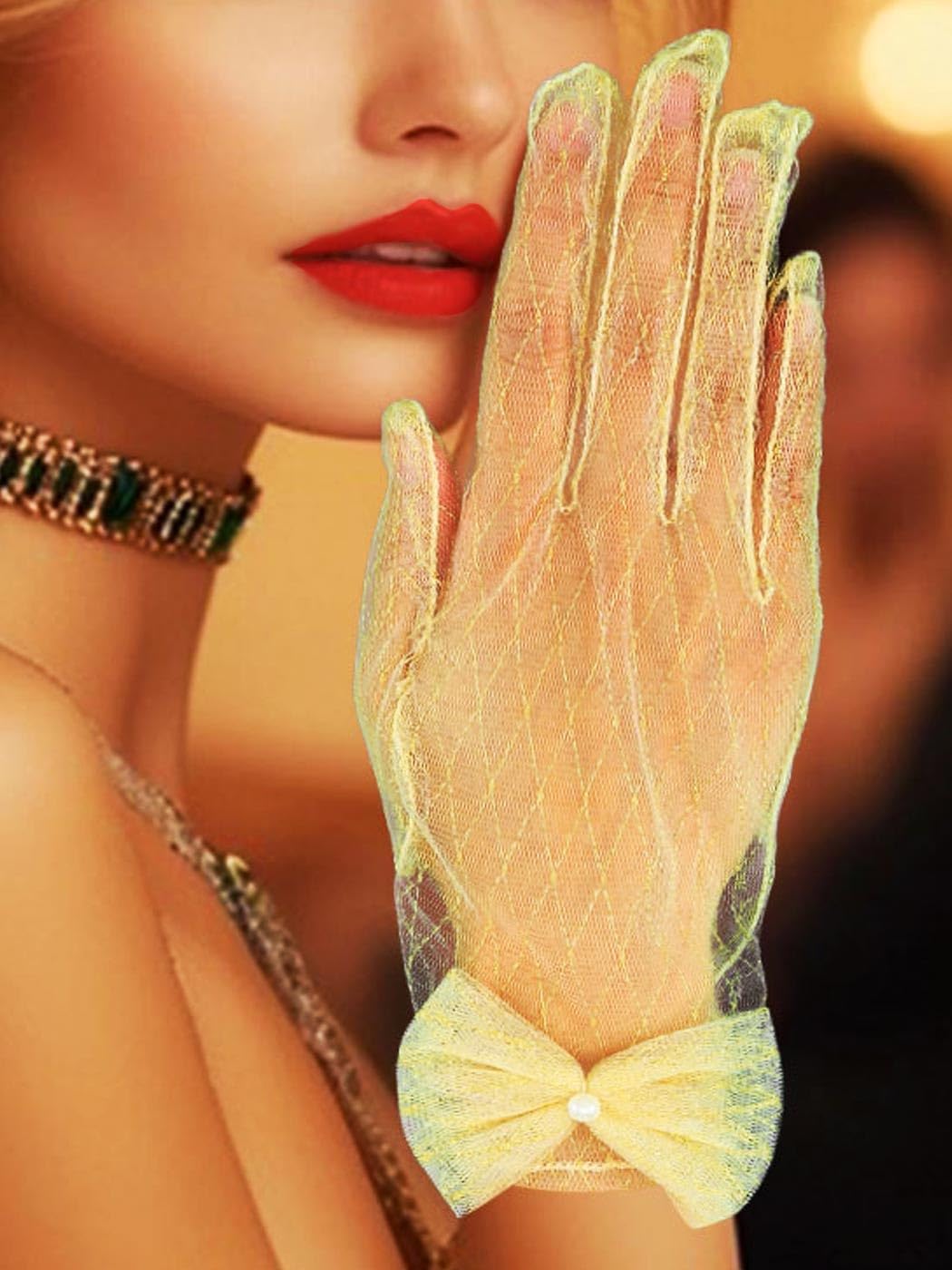 GEMILY Yellow Lace Tea Party Gloves Sheer Bow Gloves for Women