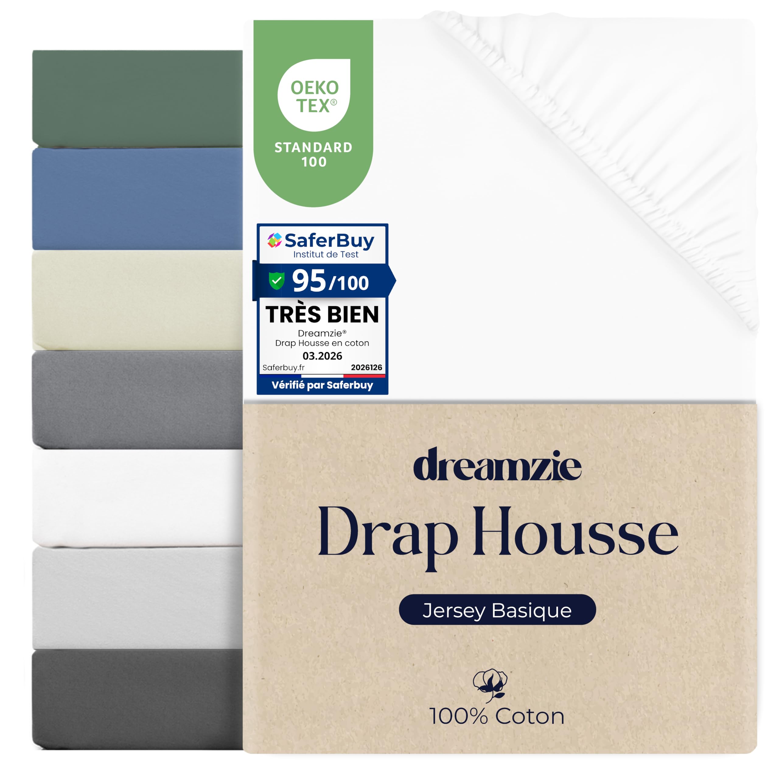 Drap housse 180x200 coton bonnet 30 cm oeko tex blanc