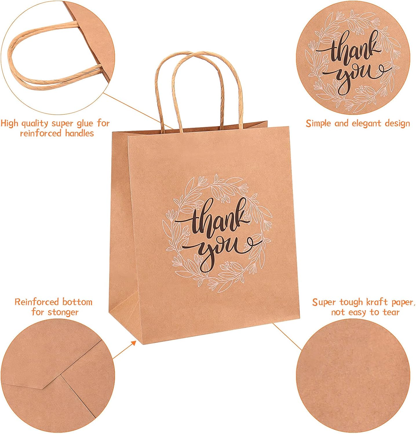Thank You Gift Bags Bulk 50 Pcs 8x4.75x10 Inches Medium Brown Kraft Paper Bags for Retail Shopping, Wedding, Baby Shower Holiday, Party - Image 6