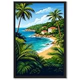 Framed tropical beach poster Canvas Print Art Modern Seaside Village Landscape Wall Art Painting Pictures Wall Decor Stunning Home Decor Living Room Bedroom Apartment (Black Framed,16