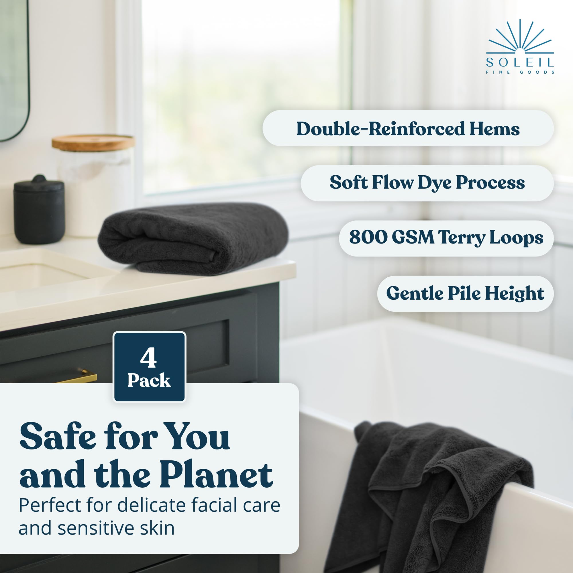 Soleil Fine Goods Juego de toallas de baño de 4 piezas, 800 g/m² de grosor y sin bordes, 27 x 54 pulgadas, toallas de baño 100 % algodón, altamente absorbentes, sensación de lujo pesada de alta