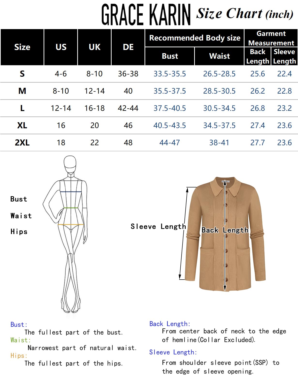 GRACE KARIN Maglione da Donna con Risvolto Cardigan Manica Lunga Button Down Maglione Classico con Tasche