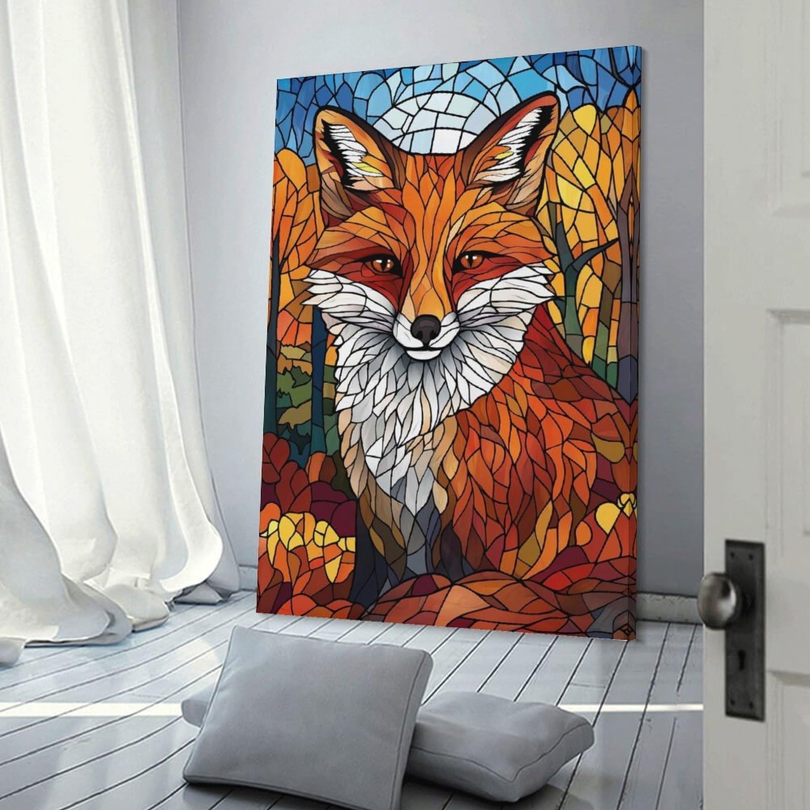 Junmoney Stained Glass Fox Canvas Wall Decor, 24x36inch(60x90cm), for Bedroom, Guest Room Or Reading Nook, Canvas Wall Decor for Personal Spaces
