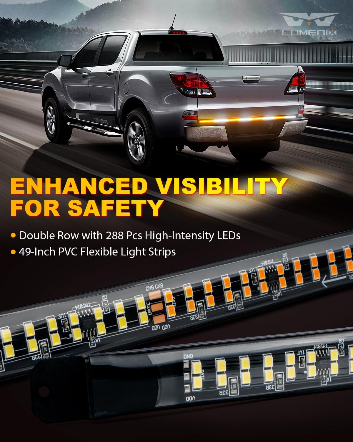 LUMENIX 49" Inch Strobe Light Strips, Back Window | Tailgate White Amber Warning Emergency Flashing Safety Double Row LED Strip Flexible Lights Bar w/Controller for Tow Work Trucks Vehicles SUV - 1PC