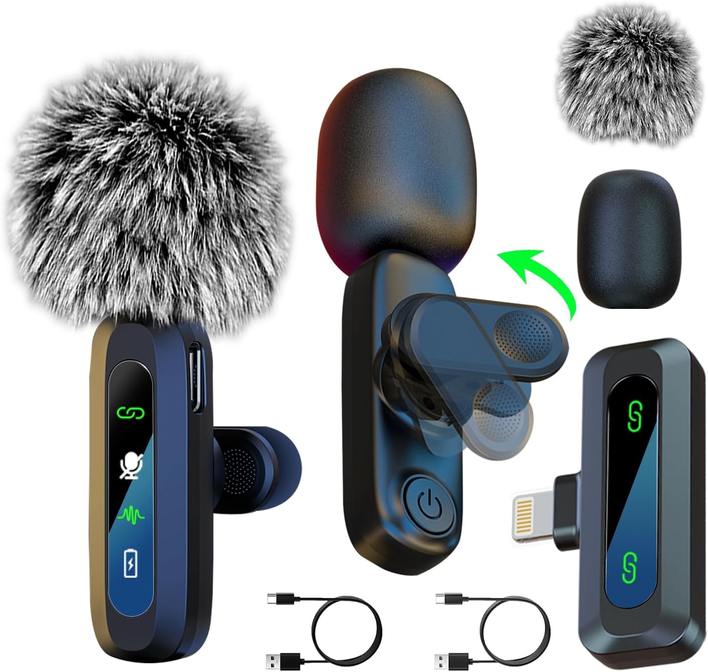 Wireless Lavalier Microphone for iPhone – 2Pac Mini Microphones with Digital Display,360° Rotatable Clip, Noise Cancelling,6Hrs Voice Recording, Lapel Mic for Creators (Lightning 1R2T, Black)